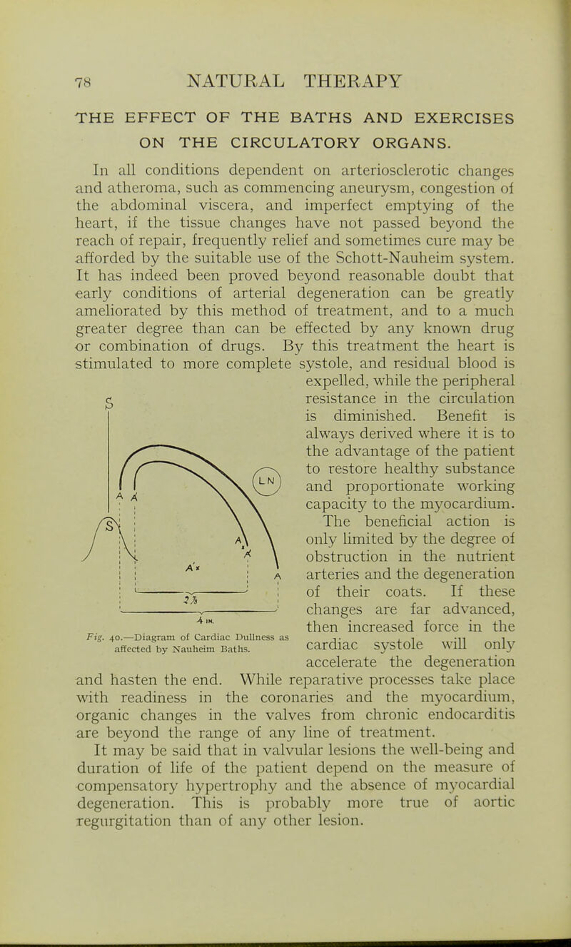 THE EFFECT OF THE BATHS AND EXERCISES ON THE CIRCULATORY ORGANS. In all conditions dependent on arteriosclerotic changes and atheroma, such as commencing aneurysm, congestion of the abdominal viscera, and imperfect emptying of the heart, if the tissue changes have not passed beyond the reach of repair, frequently relief and sometimes cure may be afforded by the suitable use of the Schott-Nauheim system. It has indeed been proved beyond reasonable doubt that €arly conditions of arterial degeneration can be greatly ameliorated by this method of treatment, and to a much greater degree than can be effected by any known drug or combination of drugs. By this treatment the heart is stimulated to more complete systole, and residual blood is expelled, while the peripheral resistance in the circulation is diminished. Benefit is always derived where it is to the advantage of the patient to restore healthy substance and proportionate working capacity to the myocardium. The beneficial action is only limited by the degree of obstruction in the nutrient arteries and the degeneration of their coats. If these changes are far advanced, then increased force in the cardiac systole will only accelerate the degeneration and hasten the end. While reparative processes take place with readiness in the coronaries and the myocardium, organic changes in the valves from chronic endocarditis are beyond the range of any line of treatment. It may be said that in valvular lesions the well-being and duration of life of the patient depend on the measure of compensatory hypertropliy and the absence of myocardial degeneration. This is probably more true of aortic regurgitation than of any other lesion. Fig. 40.—Diagram of Cardiac Dullness as affected by Nauheim Baths.