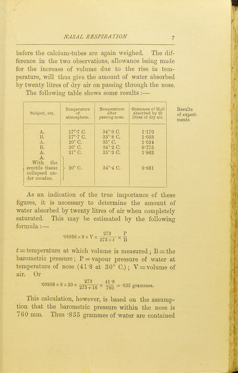 before the calcium-tubes are again weighed. The dif- ference in the two observations, allowance being made for the increase of volume due to the rise in tem- perature, will thus give the amount of water absorbed by twenty litres of dry air on passing through the nose. The following table shows some results :— Subject, etc. Temperature of atmosphere. Temperature after passing nose. Grammes of HoO absorbed by 20 litres of dry air. A. 17°-7 C. 34°-3 C. 1-170 B. 17°-7 C. 33°-8 C. 1-033 ^. 20° C. 35° C. 1-024 B. 20° C. 34°-2 C. 0-775 A. 21° C. 35°-3 C. 1-963 A. With the 1 erectile tissue - 20° C. 34°-4 C. 0-681 collapsed un- der cocaine. Results of experi- ments As an indication of the true importance of these figures, it is necessary to determine the amount of water absorbed by twenty litres of air when completely saturated. This may be estimated by the following formula:— •08936x 9xVx2^3^x| t = temperature at which volume is measured; B = the barometric pressure; P = vapour pressure of water at temperature of nose (41-8 at 30° C.); V = volume of air. Or 273 41 -8 •08936 X 9 X 20 X ^js + iq ^ JeO '^^^ grammes. This calculation, however, is based on the assump- tion that the barometric pressure within the nose is 760 mm. Thus -835 grammes of water are contained