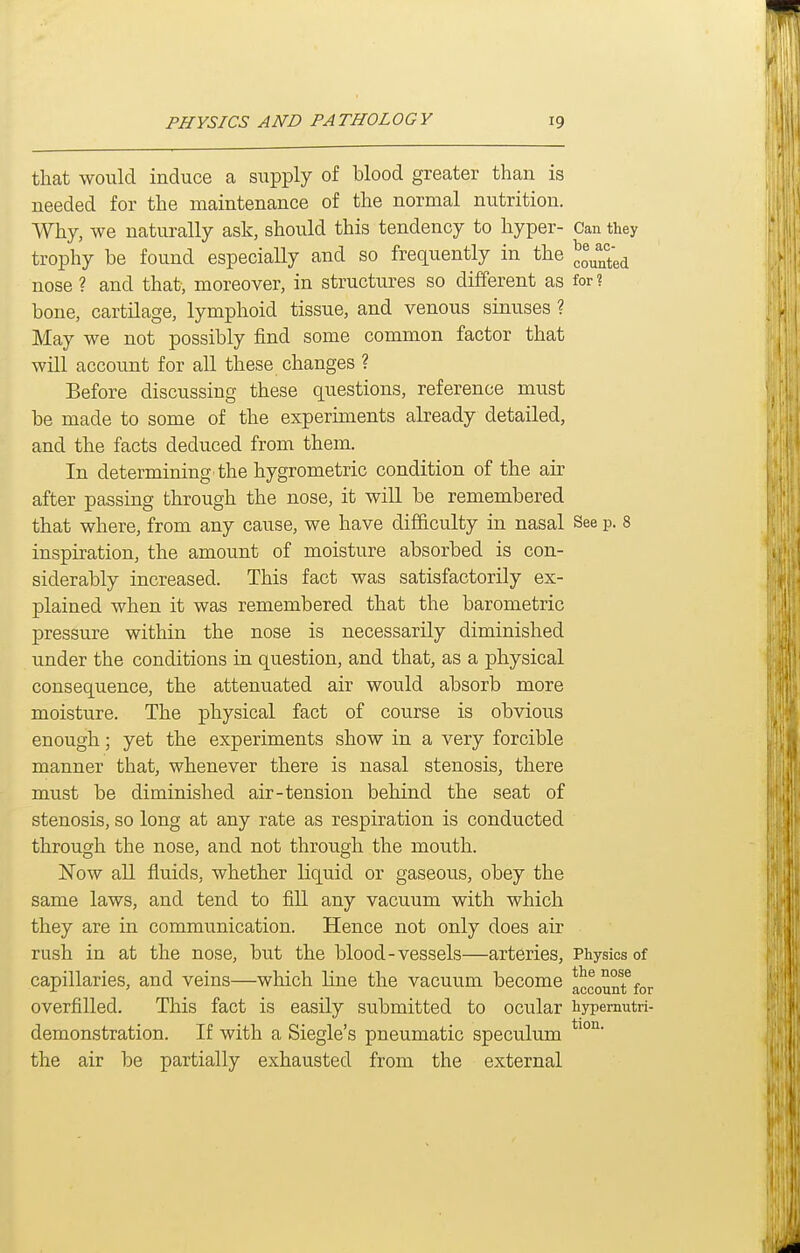 that would induce a supply of blood greater than is needed for the maintenance of the normal nutrition. Why, we naturally ask, should this tendency to hyper- Can they trophy be found especially and so frequently in the nose ? and that, moreover, in structures so different as for? bone, cartilage, lymphoid tissue, and venous sinuses ? May we not possibly find some common factor that will account for all these changes ? Before discussing these questions, reference must be made to some of the experiments already detailed, and the facts deduced from them. In determining the hygrometric condition of the air after passing through the nose, it will be remembered that where, from any cause, we have difficulty in nasal See p. 8 inspiration, the amount of moisture absorbed is con- siderably increased. This fact was satisfactorily ex- plained when it was remembered that the barometric pressure within the nose is necessarily diminished under the conditions in question, and that, as a physical consequence, the attenuated air would absorb more moisture. The physical fact of course is obvious enough; yet the experiments show in a very forcible manner that, whenever there is nasal stenosis, there must be diminished air-tension behind the seat of stenosis, so long at any rate as respiration is conducted through the nose, and not through the mouth. ISTow all fluids, whether liquid or gaseous, obey the same laws, and tend to fill any vacuum with which they are in communication. Hence not only does air rush in at the nose, but the blood-vessels—arteries. Physics of capillaries, and veins—which line the vacuum become accounTfor overfilled. This fact is easily submitted to ocular hypemutri- demonstration. If with a Siegle's pneumatic speculum the air be partially exhausted from the external