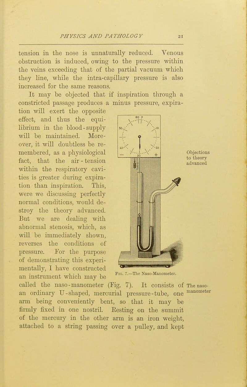 Objections to theory advanced tension in the nose is unnaturally reduced. Venous obstruction is induced, owing to the pressure within the veins exceeding that of the partial vacuum which they line, while the intra-capillary pressure is also increased for the same reasons. It may be objected that if inspiration through a constricted passage produces a minus pressure, expira- tion will exert the opposite effect, and thus the equi- librium in the blood-supply will be maintained. More- over, it will doubtless be re- membered, as a physiological fact, that the air - tension within the respiratory cavi- ties is greater during expira- tion than inspiration. This, were we discussing perfectly normal conditions, would de- stroy the theory advanced. But we are dealing with abnormal stenosis, which, as will be immediately shown, reverses the conditions of pressure. For the purpose of demonstrating this experi- mentally, I have constructed an instrument which may be called the naso-manometer (Fig. 7). It consists of The naso- an ordinary U-shaped, mercurial pressure-tube, one arm being conveniently bent, so that it may be firmly fixed in one nostril. Eesting on the summit of the mercury in the other arm is an iron weight, attached to a string passing over a pulley, and kept Fig. -The Naso-Manometer.