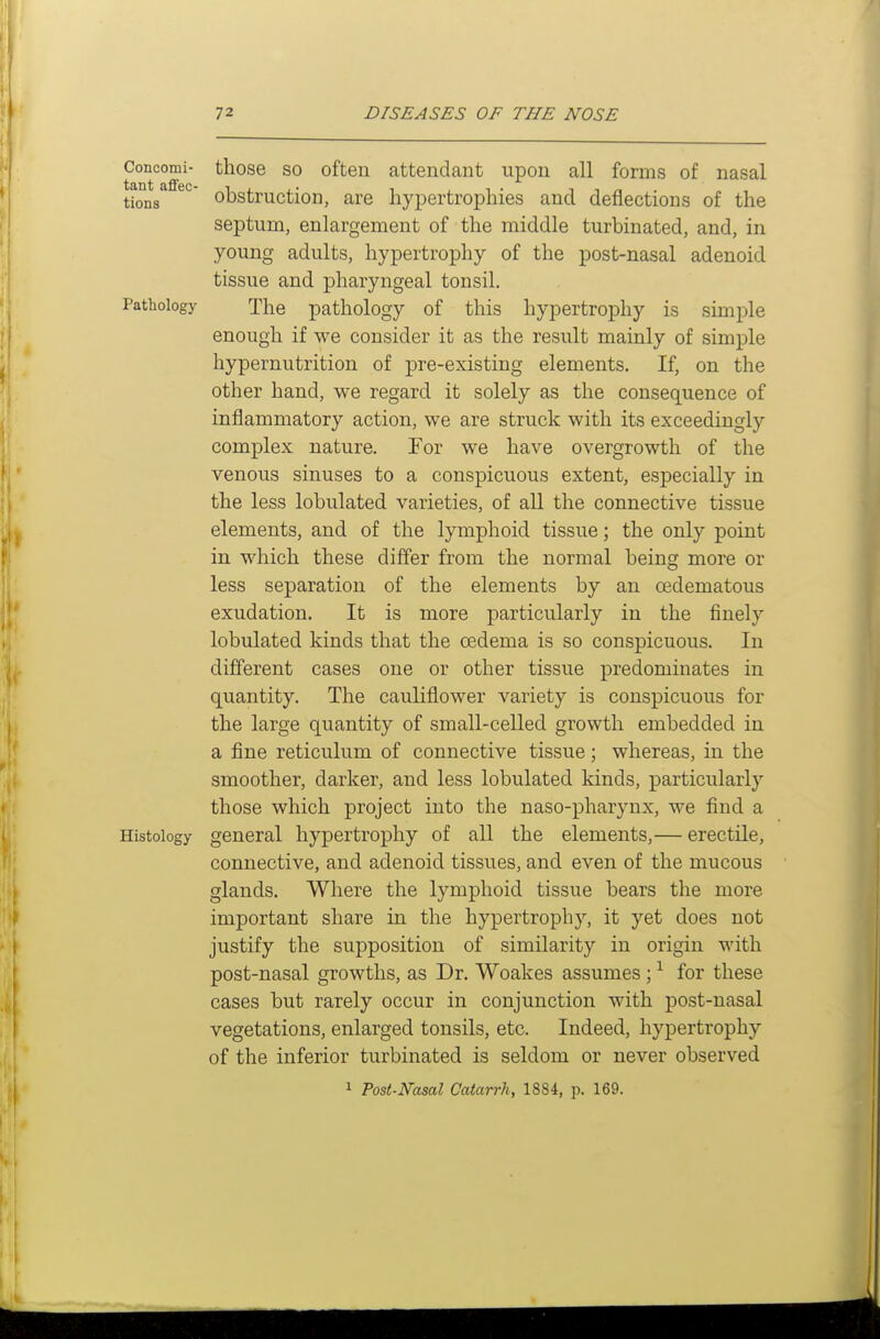 Concomi- tliose SO ofteu attendant upon all forms of nasal tions obstruction, are hypertrophies and deflections of the septum, enlargement of the middle turbinated, and, in young adults, hypertrophy of the post-nasal adenoid tissue and pharyngeal tonsil. Patiioiogy The pathology of this hypertrophy is simple enough if we consider it as the result mainly of simple hypernutrition of pre-existing elements. If, on the other hand, we regard it solely as the consequence of inflammatory action, we are struck with its exceedingly complex nature. For we have overgrowth of the venous sinuses to a conspicuous extent, especially in the less lobulated varieties, of all the connective tissue elements, and of the lymphoid tissue; the only point in which these differ from the normal being more or less separation of the elements by an oedematous exudation. It is more particularly in the finely lobulated kinds that the oedema is so conspicuous. In different cases one or other tissue predominates in quantity. The cauliflower variety is conspicuous for the large quantity of small-celled growth embedded in a fine reticulum of connective tissue; whereas, in the smoother, darker, and less lobulated kinds, particularly those which project into the naso-pharynx, we find a Histology general hypertrophy of all the elements,— erectile, connective, and adenoid tissues, and even of the mucous glands. Where the lymphoid tissue bears the more important share in the hypertrophy, it yet does not justify the supposition of similarity in origin with post-nasal growths, as Dr. Woakes assumes; ^ for these cases but rarely occur in conjunction with post-nasal vegetations, enlarged tonsils, etc. Indeed, hypertrophy of the inferior turbinated is seldom or never observed 1 Post-Nasal Catarrh, 1884, p. 169.