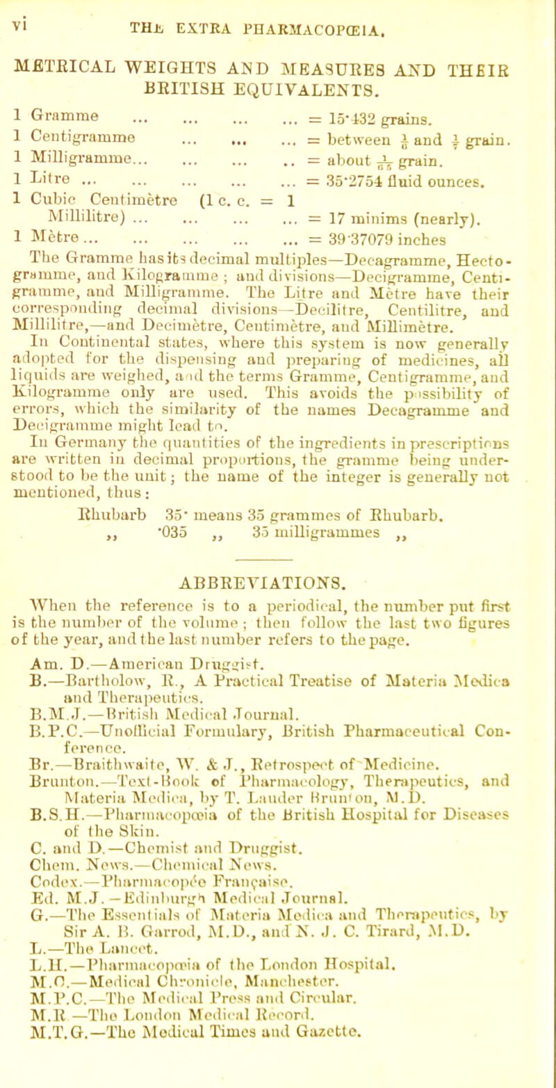 THJi EXTRA rUARJIACOPCElA. METRICAL WEIGHTS AND MEASURES AXD THEIR BRITISH EQUIVALENTS. 1 Gramme - 15-132 grains. 1 Centigramme = between i and } grain. 1 Milligramme = about grain. 1 Li're = 352754 fluid ounces. 1 Cubic Centimetre (1 c. e. = 1 Millilitre) = 17 minims (nearly). 1 Metre = 39 37079 inches The Gramme has its decimal multiples—Decagramme, Hecto- gramme, and Kilogramme ; and divisions—Decigramme, Centi- gramme, and Milligramme. The Litre and Metre have their corresponding decimal divisions—Decilitre, Centilitre, and Millilitre,—and Decimetre, Centimetre, and Millimetre. In Continental states, where this system is now generally adopted for the dispensing and preparing of medicines, all liquids are weighed, a id the terms Gramme, Centigramme, and Kilogramme only are used. This avoids the possibility of errors, which the similarity of the names Decagramme and Decigramme might lead to. In Germany the quantities of the ingredients in prescriptions are written ill decimal proportions, the gramme being under- stood to be the unit; the name of the integer is generally not mentioned, thus: Rhubarb 35- means 35 grammes of Rhubarb. ,, '035 35 milligrammes „ ABBREVIATIONS. When the reference is to a periodical, the number put first is the number of the volume ■ then follow the last two figures of the year, and the last number refers to the page. Am. D.—American Drhgfyier. B.—Bartholow, R A Practical Treatise of Materia Medica and Therapeutics. B.M.J.—British Medical Journal. B.P.C.—Unofficial Formulary, British Pharmaceutical Con- ference. Br.—Braithwaite, W. & J., Retrospect of Medicine. Brunton.—Text-Book of Pharmacology, Therapeutics, and Materia Medica, by T. Lauder Brunlon, M.D. B. S.H.—Pharmacopoeia of the British Hospital for Diseases of the Skin. C. anil D.—Chemist and Druggist. Chcni. News.—Chemical Nous. Codex.—Pharraacopee Francaise. Ed. M.J.—Edinburgh Medica] Journal. G.—The Essentials of Materia Medica and Therapeutics, by Sir A. B. Garrod, M.D., and N. J. C. Tirard, M.D. L.—The Lancet. L.H.—Pharmacopoeia of the London Hospital. M.O.—Medical Chronicle, Manchester. M.P.C.—The Medical Press and Circular. M.R —The London Medical Record. M.T.G.—The Medical Times and Gazette.