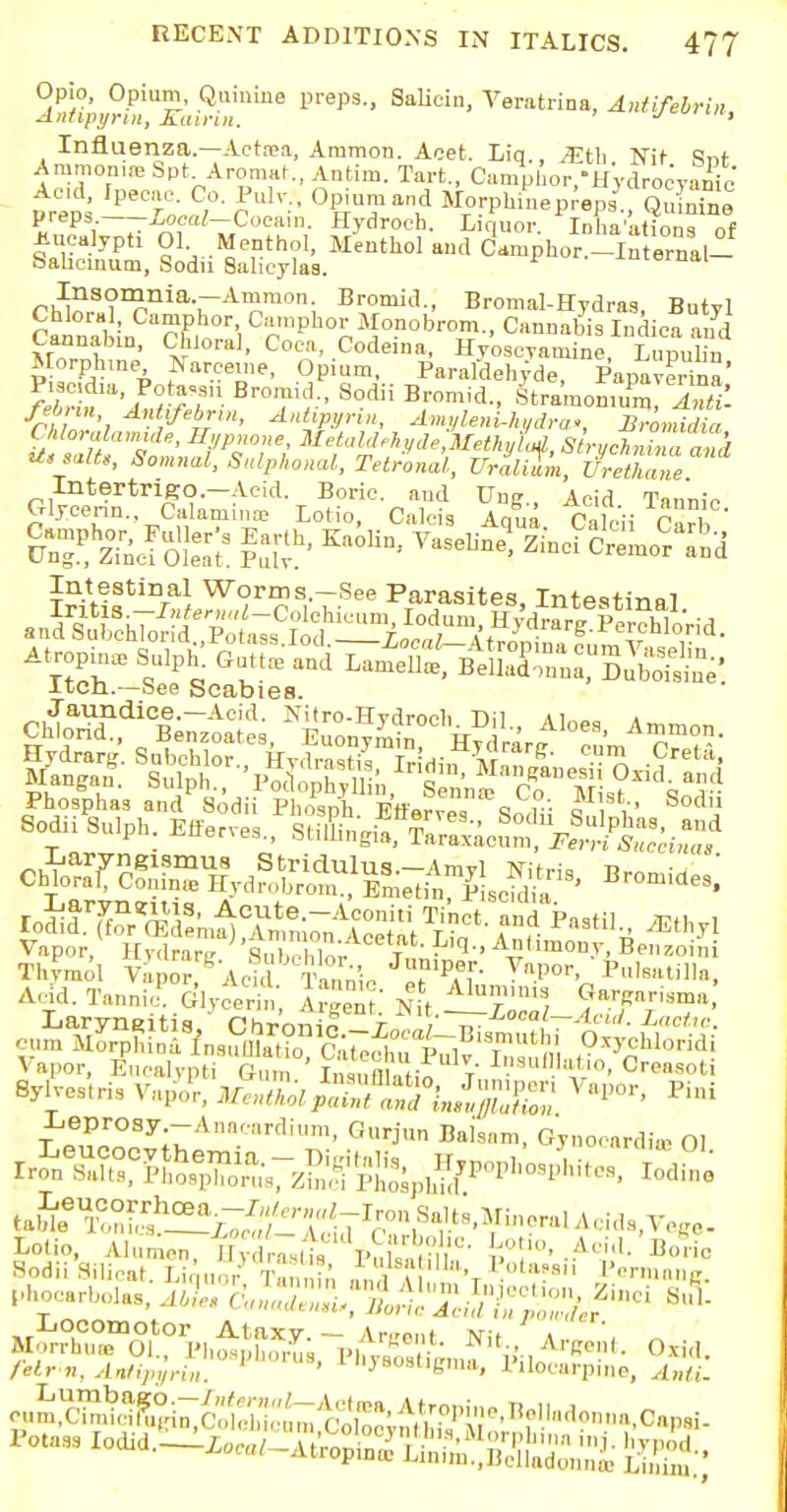 Opio, Opium, Quinine preps., Salicin, Veratrina, Antifelrin Antipynn, Xairin, jmiut, Influenza.—Actnea, Ammon. Aoet. Liq., Mt\\ Nit !W Amnumw Spt Aromar, Antim. Tart., Camphor/HydrooyaSo Acul, Ipecac. Co. Pulv., Opium and MorphiWpreps Q^irine preps. Local-Cocoim. Hydroch. Liquor In a'ations nf eucalypti 01 Menthol, Menthol and c'amphor -Internal- Sabcmum, Sodn Sahcylas. Insomnia.-Ammon. Bromid., Bromal-Hydras Butvl Chloral, Camphor, Camphor Monobrom., Cannabis Indica and Canuabin, Chloral, Coca, Codeina, Hyoscvamine, Lupubn Morphme Narceme, Opium, Paraldehyde, Papaverina' Piscidia, Pota.a.i Bromid., Sodii Bromid., LamomunTX^ U,,alU, Somnal, Sulphonal, Tetronal, UraliTm, Urethane Jaundice.—Acid. Nitro-Hvdroch nil A i„„„ « Ep. ^•A0fdubc&:^r y?^=: And. Tannic. Glvcc,„ S' Nit Alu,lms, G^iama, Leprosy -Anncardium, Gurjun Balsam, Gynocardi* 01 Lotio, Alumon, H P 1f.A°id- Boric Bodii Bilicat. Liquor Tannic ?°ta?sii /e<r h. Alttipyrin. ' J8S[,6>,1> Pilocarpine, yl„«. rota. lodid.L^-n^pln^:^;^^!-;^ gg.