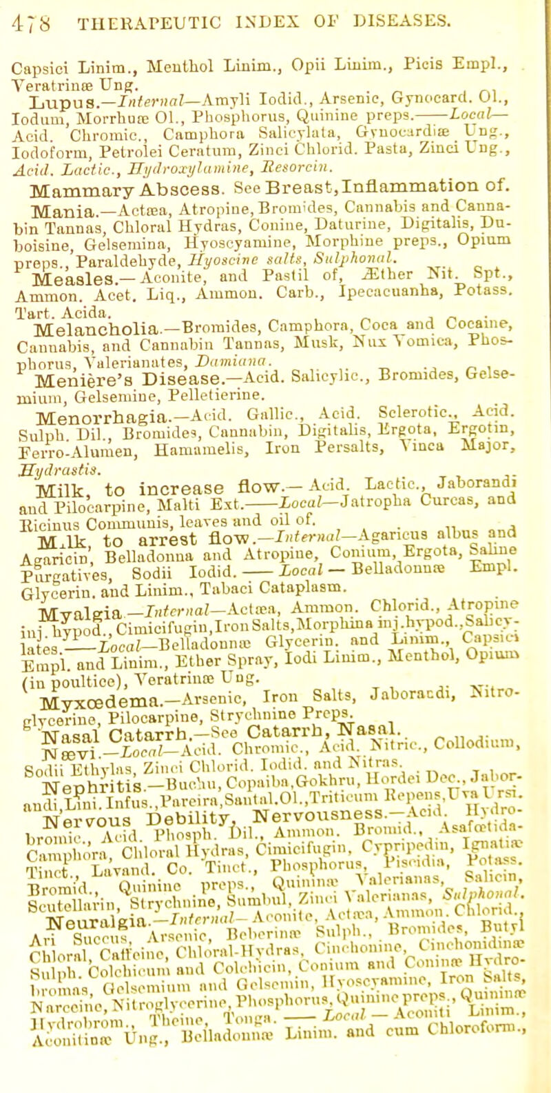 Capsici Linim., Menthol Linim., Opii Linirn., Picis Emp]., Veratrinte Ung. Lupus.—Infernal—Amyli Iodid., Arsenic, Gynocard. Ol., Iodum, Morrbufe 01., Phosphorus, Quinine preps. Local- Acid Chromic., Camphora Salieylala, Gvnoctrdite Ur, Iodoform, Petrolei Ceratum, Zinei Chlorid. Pasta, Zinei Ung., Acid. Lactic, Hgdroxylamtne, Hesorcin. Mammary Abscess. See Breast, Inflammation of. Mania.—Acttea, Atropine, Bromides, Cannabis and Canna- bin Tannas, Chloral Hydras, Conine, Daturine, Digitalis, Du- boisine, Gelsemina, Hyoscyaiuiue, Morphine preps., Opium preps., Paraldehyde, liyoscine salts, Sulphonal. Measles—Aconite, and Pastil of, Either Nit. Spt., Amnion. Acet. Liq., Ammon. Carb., Ipecacuanha, Potass. Tart. Acida. Melancholia —Bromides, Camphora, Coca and Cocaine, Cannabis, and Cannabin Tannas, Musk, Nux 'S ornica, Phos- phorus, Valerianates, Damiana. Meniere's Disease— Acid. Salicylic, Bromides, Gelse- mium, Gelsemine, Pelletierine. Menorrhagia.-A.id. Gallic, Acid. Sclerotic^ Acid. Sulph Dil , Bromides, Cannabin, Digitalis, Ergota, Ergotm, Eerro-Alumen, Hannunelis, Iron Persalts, Tinea Major, Hydrastis. Milk, to increase flow.-Acid Lactic. Jaborandi and Pilocarpine, Malti Ext, Local—Jatropha Curcas, and Rieinus Couuuunis, leaves and oil of Milk, to arrest flow.-/«tfrW-Aganeus albus and Aeariciu, Belladonna and Atropine, Conium Ergota, Saline Purgatives, Sodii Iodid. Local - Belladonna EmPl. Glycerin, and Linim.. Tabaci Cataplasm. Mvaleia -Internal-Ac^*, Ammon. Chlorid., Atropine ini livpod , Cimicifugin.IronSalts.Morphma, ,nj,hypod.£alic> -  e3 _i0ca?-BelTadonnlC Glycerin, and L>mm. Cap3,ei Empl. and Linim., Ether Spray, lodi Linim., Menthol, Opium (in poultice), Veratrinte Uug. Mvxcedema.-Arsenic, Iron Salts, Jaboracdi, Njtrc glycerine, Pilocarpine, Strychnine P^ps. Wn<!nl Catarrh.—See Catarrh, Nasal. Nrevi -W-Aoul. Chromic, Acid. Nitric, Collodunn, Sn.lii Vthvbis Zinei Chlorid. Iodid. and >itras. Nephr it is -Buehu, Copaiba.Gokhru, Horde. Dec, .Tabor- ai,ui,L?,i^ N' rpml, Debility, Nervousness.—Acid, aj0 bS Acid l'bosph. til.. Amnion. Bromid Asafortula. Cam hora Chloral Hydras, Cimicifngin, Cypn^dm, Ig™£> S Cole run and Colchicin, Conium and Conin* Hvdro-