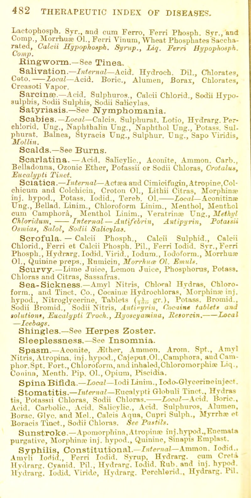Lactophosph. Syr., and cum Ferro, Ferri Pbosph. Syr., and Comp., Mon-huE 01., Ferri Vinuin, Wheat PhosphatesSaccha- rated, Calcii Hypopkoaph. Syrup., Liq. Ferri Hypophosph. Comp. .Ringworm. — See Tinea. 8alivation.—Internal—Acid. Hyctrot-h. Dil., Chlorates, C»to. Local—Acid. Boric, Alunien, Borax, Chlorates, Creasoti Vapor. Sarcinse.—Aeid. Sulphuros., Calcii Chlorid., Sodii Hypo- sulpbis, Sodii Snlphis, Sodii SaKcylas. Satyriasis.—See Nymphomania. Scabies.—iori/Z—Calcis. Sulphurat. Lotio, Hvdrarg. Per- chlorid. Ung., Naphtbafin Vug., Naphthol Ung., Potass. Sid- phurat. Balnea, Styracis Ung., Sulphur. Ung., Sapo Viridis, Hollin. Scalds.—See Burns. Scarlatina.—Aeid. Salicylic, Aeouite, Amnion. Carb., Belladonna, Ozonie Ether, Potassii or Sodii Chloras, Orotalua, Eucalypti Tinct. Sciatica.—Internal—Acta»a and Cimieifugin,Atropine,Col- ebicum and Colebiciu, Crotou 01., Lithii Citras, Morphina' inj. hypod., Potass. Iodid., Tereb. 01. Local—Aconitinae Ung., Bellad. Linim., Chloroform Linim., Menthol, Menthol cum Camphora, Menthol Linim., Veratrinse Ung., Methyl Chloridum. Internal — Antifebriu, Antipyrin, Potaisii Osmiait, Salol, Sodii Salicylas. Scrofula. — Calcii Pbosph., Calcii Sulphid., Calcii Chlorid., Ferri et Calcii Phospb. PH., Ferri Iodid. Syr., Ferri Pbosph., Hydrarg. Iodid. Virid., Iodum., Iodoform., Morrhua? 01., Quinine preps., Rmuicin, Morrhna* Ol. EmuU. Scurvy.—Lime Juice, Lemon Juice, Phosphorus, Potass. Chloras and Citras, Sassafras. Sea- Sickness — Amyl Nitris, Chloral Hydras, Chloro- form., and Tinct. Co., Cocainas Hydroehloras, Morphine inj. hypod., Nitroglycerine, Tablets (jL gr.), Potass. Bromid., Sodii Bromid., Sodii Nitris, Antiryrin, Cocaine tablett and tolutioni, Eucalypti Troch., Hyoscyamina, Retorcin. Local —Icebags. Shingles.—See Herpes Zoster. Sleeplessness.—See Insomnia. Spasm.—Aconite, /Ether, Amnion. Arom. Spt., Amyl Nitris, Atrophia, inj. hypod., Caiepu*.01.,Camphora, and Cam- phor.Spt. Fort., Chloroform, and inhaled,ChloromorphinD Liq., Conina, Month. Pip. 01., Opium, Piscidia. Spina Bifida.—Local—loAi Linim., Iodo-Glyeerinoinject. Stomatitis.—Internal—Eucalypti Globuli Tinct., Hydras tis, Potassii Chloras, Sodii Chloras. Local—And. Boric, Acid. Carbolic, Acid. Salicylic, Add. Sulphuros, Alumen, Home Giro, and Mel., Caleis Aqua, Cnpri Sulpb., Myrrha? et Boracia Tinct., Sodii Chloras. Sec Pantil*. Sunstroke.—Apomorphina, Atrophia? ini.hypod.,Enemat» purgative, Morphines inj. hypod., Quinine, Sinapia Emplast. Syphilis, Constitutional.—Internal—Amman. Iodid.. Amyll Iodic!., Ferri Iodid. Svrup, Hvdrarg. cum Creta Hydrarg. Cyanid. Pil., Hvdrarg. Iodid. Rub. and inj. hypod. Hydrarg. Iodid. Viride, Hvdrarg. Perehlsrid., Hydrarg. Pil.