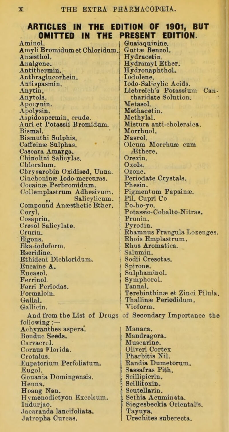 ARTICLES IN THE EDITION OF 1901, BUT OMITTED IN THE Aminol. Amyli Bromidum et Chloridam, Anaesthol. Aiialgene. Antithermin. Anthragluporhein. Antispastnin. Anytiu. Auytols. Apocynin. Apolysin. Aspidospermin, crude. Auri et Potassii Bromidum. Bismal. Bismuthi Sulphis. CaflfeinsB Sulphas. Caacara Amarga. Chinolini Salicylas. Chloralum. Cbrysarobin Oxidised, Unna. Ciuchoninse lodo-mercnras. CocainEE Perbromidum. (lollemplastram Adhesivum. Salicylicnm. Compound Anaesthetic Ether. Coryl. Cosaprin. Cresol Salicylate. Crnnn. Eigons. Eka-iodoform. Eseridine. Ethideni Dichloridam, Eucaine A. Eucaaol. Ferrinol Ferri Periodas. Formaloin. Gallal. Gallicin. And from the List of Drugs following:— Achyranthes asppra. Bonduc Seeds. CHrvacrnl. Cornus Floiida. Crotalus. Eupatorium Perfoliatum. Eugol. Gouania Domingensis. Henna. Hoang Nan. Hymenodictyon Excelsum, Indurjno. .Tacaranda lancifoliata. .latropha Curcas. PRESENT EDITION. Guaiaquinine. Gatfse Benzol. Hydracetin. Hydramyl Ether. Hydronaphthol. lodolene. lodo-Salicylic Acids. Liebreich's Potassium Can tharidate Solution. Metasol. Methacetin. Methylal. Mistura anti-choleraica. Morrhuol. Nasrol. Oleum Morrhuae cum jEthere. Oreiin. Oxols. Ozone. Periodate Crystals. Phesin. Pigmentum Fapainae. ; Pil. Cupri Co ! Po-ho-yo. Potassio-Cobalto-Nitras. Prunin. Pyrodin. Bbamnus Frangula Lozenges Bhois Emplastrum. Rhus Aromatica. Salnmin. Sodii Cresotas. Spirone. Sulphaminol. Symphorol. Tannal. Terebinthinse et Zinei Pilula Thallinse Periodidum. Vioform. of Secondary Importance th Manaca. Mandragora. Muscarine. Oliveri Cortex Pharbitis Nil. Randia Dnmetorum. Sassafras Pith. Scillipicrin, ScillitoxiD. Scutellarin. Sethia Acuminata. Siegesbeckia Orientalis, Tayuya. Urechites saberecta.