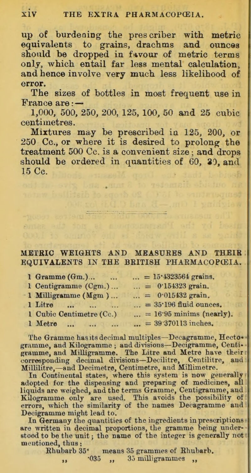up oP burdening the prescriber with metric equivalents to grains, drachms and ounces should be dropped in favour of metric terms only, which entail far less mental calculation, and hence involve very much less likelihood of error. The sizes of bottles in most frequent use in France are:— 1,000, 500, 250, 200, 125, 100, 50 and 25 cubic centimetres. Mixtures may be prescribed la 125, 200, or 250 Co., or where it is desired to prolong the treatment 500 Cc. is a convenient size; and drops should be ordered in quantities of 60, 30, and 15 Cc. METBIC WEIGHTS AND MEASURES AND THEIR EQUIVALENTS IN THE BRITISH PHARMACOP(EIA. 1 Gramme (Qm.) = 15-4323564 grains. 1 Centigramme (Cgin.) = 0154323 grain. 1 Milligramme (Mgm ) = 0-015432 grain. 1 Litre = 35'196 fluid ounces. 1 Cubic Centimetre (Cc.) ... = 16'95 minims (nearly). I Metre = 39-370113 inches. The Gx'amme has its decimal multiples—Decagramme, Hecto* gramme, and Kilogramme ; and divisions—Decigramme, Centi- gramme, and Milligramme. The Litre and Metre have their corresponding decimal divisions—Dectilitre, Centilitre, and Millilitre,—and Decimetre, Centimetre, and Millimetre. In Continental states, where this system is now generally adopted for the dispensing and preparing of medicines, all liquids are weighed, and the terms Gramme, Centigramme, and Kilogramme only are used. This avoids the possibility of errors, which the similarity of the names Decagramme and Decigramme might lead to. In Germany the quantities of the ingredients in prescriptions are written in decimal proportions, the gramme being under- stood to be the unit; the name of the integer is generally not mentioned, thus: Rhubarb 35* means 35 grammes of Rhubarb, '035 3o milligrammes