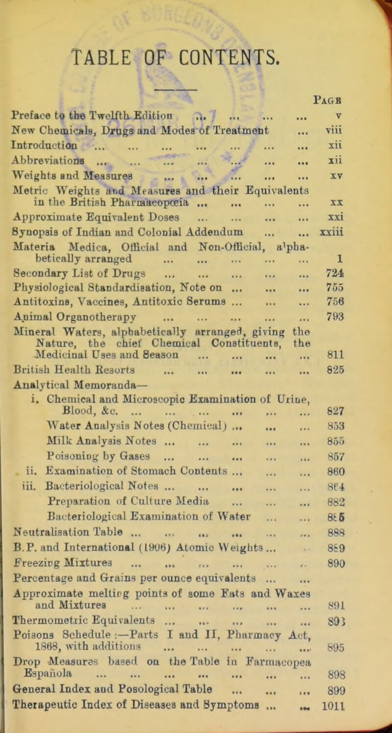 TABLE OF CONTENTS. Pagb Preface to the Twelfth. Edition 7 v New Chemicals, Drugs and Modes'bf Treatment ... yiii Introdactito xii Abbreviations ... ^..y' xii Weights and Measures xv Metric Weights and Measures and their Equivalents in the British Pharmacopoeia xx Approximate Equivalent Doses xxi Synopsis of Indian and Colonial Addendum xxiii Materia Medica, Official and Non-Official, alpha- betically arranj^ed ... ... ... ... ... 1 Secondary List of Drugs 724 Physiological Standardisation, Note on 755 Antitoxins, Vaccines, Antitoxic Serams 756 Animal Organotherapy 793 Mineral Waters, alphabetically arrangei), giving the Nature, the chief Chemical Constituents, the Medicinal Uses and Season 811 British Health Resorts 825 Analytical Memoranda— i. Chemical and Microscopic Examination of Uiiue, Blood, &c 827 AVater Analysis Notes (ChemicalJ 853 Milk Analysis Notes ... ... ... 855 Poisoniof^ by Gases ... ... 857 ii. Examination of Stomach Contents 860 iii. Bacteriological Notes 8t'4 Preparation of Culture Media 882 Bacteriological Examination of Water 8i5 Neutrahsation Table , 888 B.P. and International (1906) Atomic Weights ... 8t9 Freezirg Mixtures 890 Percentage and Grains per ounce equivalents Approximate meltirg points of some Eats and Waxes and Mixtures 891 Thermometiic Equivalents 89J Poisons Schedule :—Parts I and II, Pharmacy Act, 1888, with additions 895 Drop Measures based on the Table in Farmacopea Espanola 898 General Index and Posological Table 899 Theispeutic Index of Diseases and Hymptome ... lOll