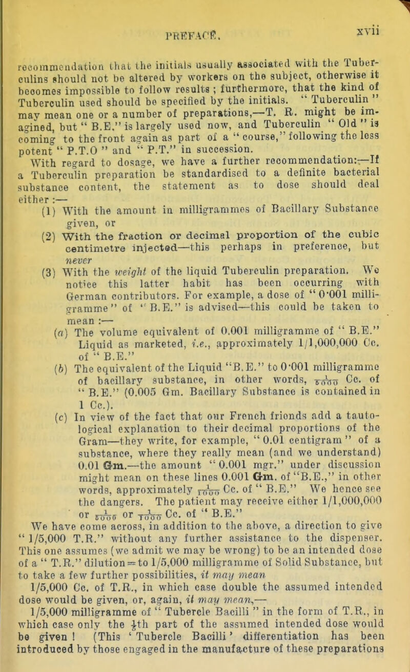 recommendation that the initials usually associated with the tuber- culins should not be altered by workers on the subject, otherwise it beoomes impossible to follow results ; furthermore, that the kind of Tuberculin used should be specified by the initials. Tuberculin may mean one or a number of preparations,—T. R. might be im- agined, but “ B.E.” is largely used now, and Tuberculin “ Old ” is coming to the front, again as part of a “ course, following the less potent “ P.T.O ” and “ P.T.” in succession. With regard to dosage, we have a further recommendation:—If a Tuberculin preparation be standardised to a definite bacterial substance content, the statement as to dose should deal either :— (1) With the amount in milligrammes of Bacillary Substance given, or (2) With the fraction or decimal proportion of the cubic centimetre injected—this perhaps in preference, but never (3) With the weight of the liquid Tuberculin preparation. We notice this latter habit has been occurring with German contributors. For example, a dose of “O'OOl milli- gramme” of B.E.” is advised—this could be taken to mean :— («) The volume equivalent of 0.001 milligramme of “ B.E.” Liquid as marketed, i.e., approximately 1/1,000,000 Cc. of “ B.E.” (b) The equivalent of the Liquid ,:B.E.” to O'OOl milligramme of bacillary substance, in other words, Cc. of “ B.E.” (0.005 Gm. Bacillary Substance is contained in 1 Cc.). (c) In view of the fact that our French frionds add a tauto- logical explanation to their decimal proportions of the Gram—they write, for example, “0.01 centigram” of a substance, where they really mean (and we understand) 0.01 Gm.—the amount “ 0.001 mgr.” under discussion might mean on these lines 0.001 Gm. of “B.E.,” in other words, approximately Cc. of “ B.E.” We hence see the dangers. The patient may receive either 1/1,000,000 °r rm>(r or Cc. of B.E.” We have come across, in addition to the above, a direction to give “ 1/5,000 T.R.” without any further assistance to the dispenser. This one assumes (we admit we may be wrong) to be an intended close of a “ T.R.” dilution = to 1/5,000 milligramme of Solid Substance, but to take a few further possibilities, it may mean 1/5,000 Cc. of T.R., in which case double the assumed intended dose would be given, or, again, it may mean,— 1/5,000 milligramme of “ Tubercle Bacilli ” in the form of T.R., in which case only the £th part of the assumed intended dose would be given ! (This ‘ Tubercle Bacilli * differentiation has been introduced by those engaged in the manufacture of these preparations