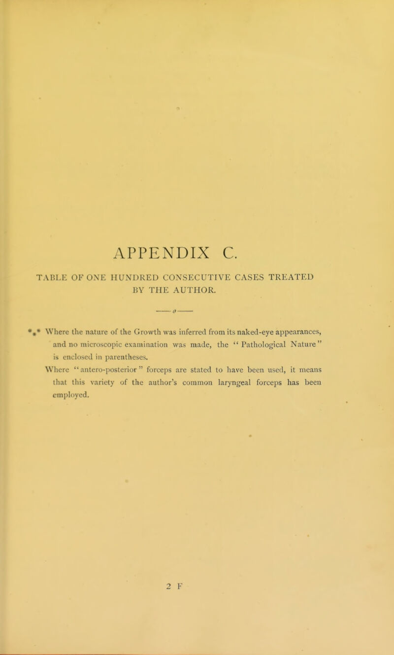TABLE OF ONE HUNDRED CONSECUTIVE CASES TREATED BY THE AUTHOR. o 1* Where the nature of the Growth was inferred from its naked-eye appearances, and no microscopic examination was made, the Pathological Nature is enclosed in parentheses. Where  antero-posterior  forceps are stated to have been used, it means that this variety of the author's common laryngeal forceps has been employed.