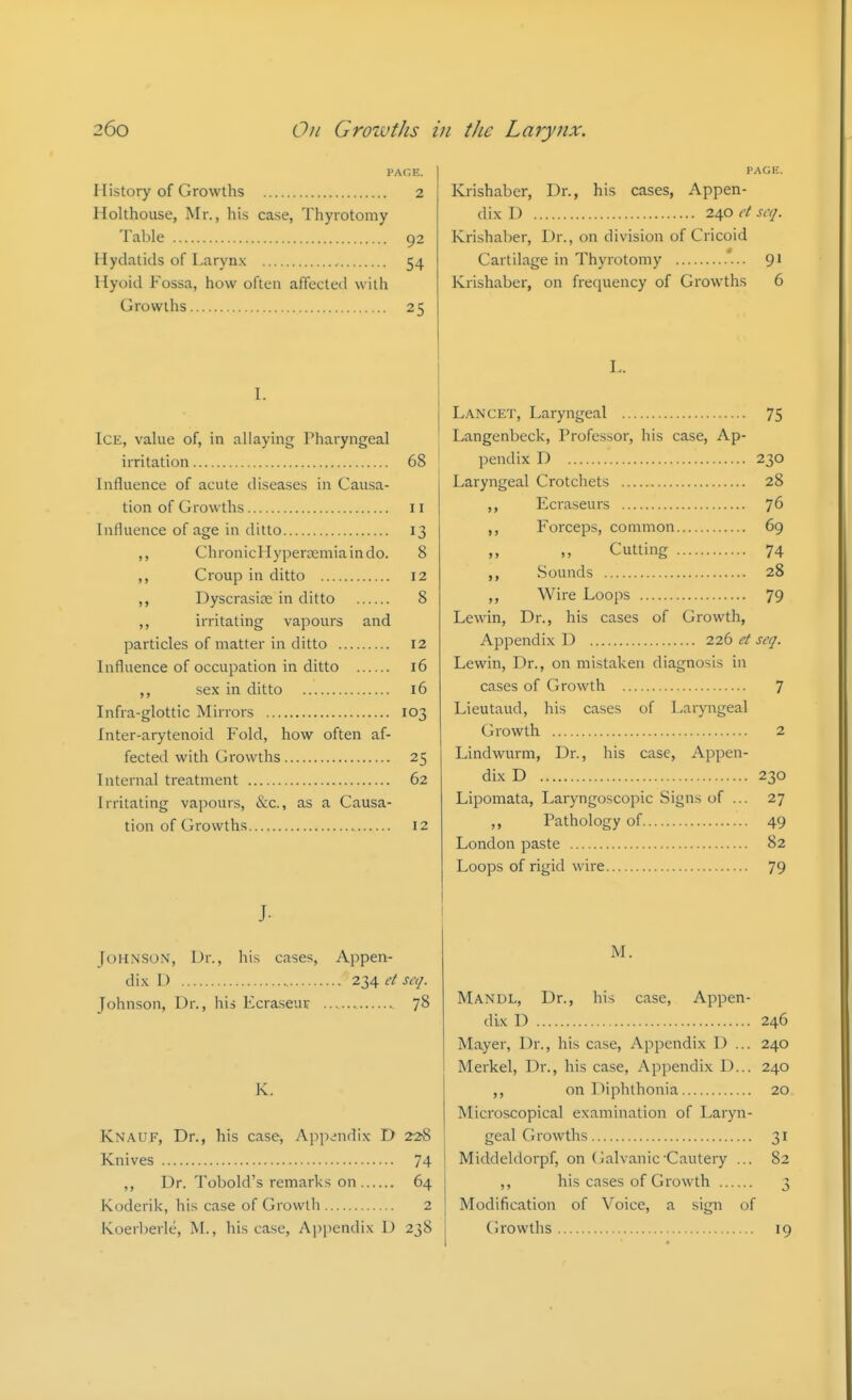 PACE. History of Growths 2 Holthouse, Mr., his case, Thyrotomy Table 92 Hydatids of Larynx 54 Hyoid Fossa, how often affected with Growths 25 I. Ice, value of, in allaying Pharyngeal irritation 68 Influence of acute diseases in Causa- tion of Growths II Influence of age in ditto 13 ,, ChronicHyperDemiaindo. 8 Croup in ditto 12 Dyscrasice in ditto 8 ,, irritating vapours and particles of matter in ditto 12 Influence of occupation in ditto 16 sex in ditto 16 Infra-glottic Mirrors 103 Inter-arytenoid Fold, how often af- fected with Growths 25 Internal treatment 62 Irritating vapours, &c., as a Causa- tion of Growths 12 J- Johnson, Dr., his cases, Appen- dix I ) 234 f/ JtV/. Johnson, Dr., his Ecraseur 78 K. Knauf, Dr., his case. Appendix D 228 Knives 74 ,, Dr. Tobold's remarks on 64 Koderik, his case of Growth 2 Koerberle, M., his case, Appendix D 238 PAGIi. Krishaber, Dr., his cases, Appen- dix D 240 r/ scq. Krishaber, Dr., on division of Cricoid Cartilage in Thyrotomy *... 91 Krishaber, on frequency of Growths 6 L. Lancet, Laryngeal 75 Langenbeck, Professor, his case, Ap- pendix D 230 Laryngeal Crotchets 28 Ecraseurs 76 ,, Forceps, common 69 Cutting 74 Sounds 28 ,, Wire Loops 79 Lewin, Dr., his cases of Growth, Appendix D 226 et seq. Lewin, Dr., on mistaken diagnosis in cases of Growth 7 Lieutaud, his cases of Laryngeal Growth 2 Lindwurm, Dr., his case, Appen- dix D 230 Lipomata, Laryngoscopic Signs of ... 27 ,, Pathology of 49 London paste 82 Loops of rigid wire 79 M. Mandl, Dr., his case. Appen- dix D 246 Mayer, Dr., his case. Appendix D ... 240 Merkel, Dr., his case, Appendix D... 240 on Diphlhonia 20 Microscopical examination of Laryn- geal Growths 31 Middeldorpf, on (Galvanic Cautery ... 82 ,, his cases of Growth 3 Modification of Voice, a sign of (Jrowths 19