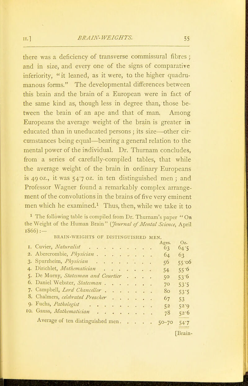 there was a deficiency of transverse commissural fibres ; and in size, and every one of the signs of comparative inferiority,  it leaned, as it were, to the higher quadru- manous forms. The developmental differences between this brain and the brain of a European were in fact of the same kind as, though less in degree than, those be- tween the brain of an ape and that of man. Among Europeans the average weight of the brain is greater in educated than in uneducated persons; its size—other cir- cumstances being equal—bearing a general relation to the mental power of the individual. Dr. Thumam concludes, from a series of carefully-compiled tables, that while the average weight of the brain in ordinary Europeans is 49 oz., it was 547 oz. in ten distinguished men ; and Professor Wagner found a remarkably complex arrange- ment of the convolutions in the brains of five very eminent men which he examined.^ Thus, then, while we take it to ^ The following table is compiled from Dr. Thurnam's paper  On the Weight of the Human Brain  {Journal of Mental Science, April 1866):— BRAIN-WEIGHTS OF DISTINGUISHED MEN. 1. Cuvier, Naturalist 63 64'5 2. Abercrombie, Physician 64 63 3. Spurzheim, Physician 56 55'06 4. Dirichlet, Mathematician 54 55-6 5. De Momy, Statesman and Courtier .... 50 53'6 6. Daniel Webster, Statesman 70 5 3 5 7. Campbell, Lord Chancellor 80 53-5 8. Chalmers, celebrated Preacher 67 53 9. Fuchs, Pathologist 52 52*9 10. Gauss, Mathematician 5 2'6 Average of ten distinguished men 50-70 547 [Brain-