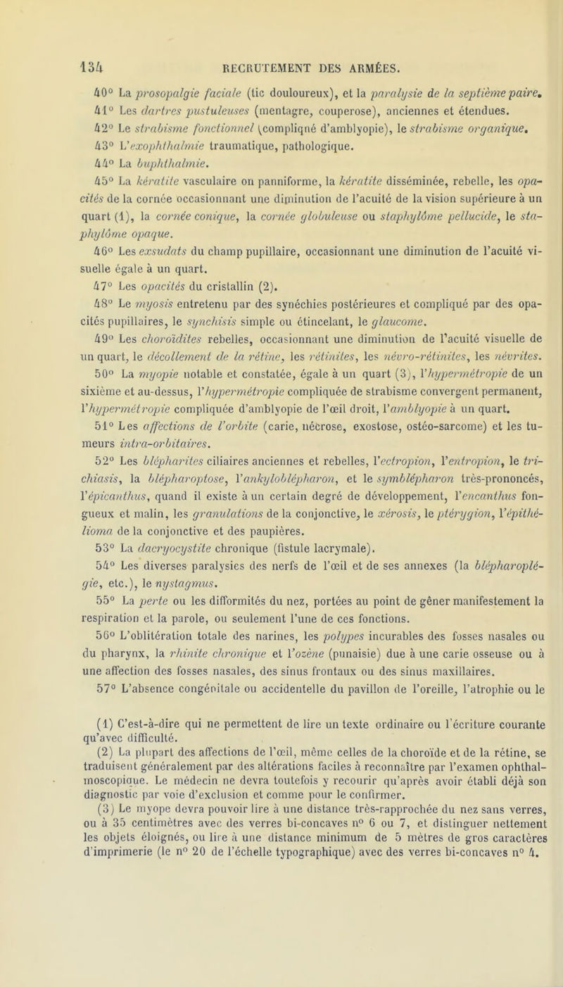 40° ha. prosopalgie faciale (lie douloureux), et la paralysie de la septième paire, 41° Les dartres pustuleuses (mentagre, couperose), anciennes et étendues. 42° Le strabisme fonctionnel ^compliqué d'amblyopie), le strabisme organique, 43° Vi;xopht}iaimie traumatique, pathologique. 44° La buphthahnie. 45° La kératite vasculaire on panniforme, la kératite disséminée, rebelle, les opa- cités de la cornée occasionnant une dipiinution de l'acuité de la vision supérieure à un quart (1), la cornée conique, la cornée globuleuse ou staphylôme pellucide, le sta- phylôrne opaque. 46° Les exsudats du champ pupillaire, occasionnant une diminution de l'acuité vi- suelle égale à un quart. 47° Les opacités du cristallin (2). 48 Le myosis entretenu par des synéchies postérieures et compliqué par des opa- cités pupillaires, le synchisis simple ou étincelant, le glaucome. 49° Les choroïdites rebelles, occasionnant une diminution de l'acuité visuelle de un quart, le décollement de la rétine, les rétiniles, les névro-rétinitcs, les névrites. 50° La myopie notable et constatée, égale à un quart (3), Vhypermétropie de un sixième et au-dessus, Vhypermétropie compliquée de strabisme convergent permanent, Vhypermétropie compliquée d'amblyopie de l'œil droit, Vamblyopie à un quart. 51° Les affections de l'orbite (carie, nécrose, exostose, ostéo-sarcome) et les tu- meurs intra-orbitaires. 52° Les ô/tl/jAflr?^^ ciliaires anciennes et rebelles, Yectropion, Yentj'opion, le tri- chiasis, la blépharoptose, Vankyloblépfm^on, et le symblépharon très-prononcés, Vépicanthus, quand il existe à un certain degré de développement, Yencanthus fon- gueux et malin, les granulations de la conjonctive, le xérosis, le ptérygion, Vépithé- lioma de la conjonctive et des paupières. 53° La dacryocystite chronique (fistule lacrymale). 54° Les diverses paralysies des nerfs de l'œil et de ses annexes (la blépharoplé- gie^ etc.), le nyslagmus, 55° La perte ou les difformités du nez, portées au point de gêner manifestement la respiration et la parole, ou seulement l'une de ces fonctions. 50° L'oblitération totale des narines, les polypes incurables des fosses nasales ou du pharynx, la rhinite clironiqxie et Vozène (punaisie) due à une carie osseuse ou à une affection des fosses nasales, des sinus frontaux ou des sinus maxillaires. 57° L'absence congénitale ou accidentelle du pavillon de l'oreille, l'atrophie ou le (1) C'est-à-dire qui ne permettent de lire un texte ordinaire ou l'écriture courante qu'avec difficulté. (2) La plupart des affections de l'œil, même celles de la choroïde et de la rétine, se traduisent généralement par des altérations faciles à reconnaître par l'examen ophthal- moscopique. Le médecin ne devra toutefois y recourir qu'après avoir établi déjà son diagnostic par voie d'exclusion et comme pour le confirmer. (3) Le myope devra pouvoir lire à une distance très-rapprochée du nez sans verres, ou à 35 centimètres avec des verres bi-concaves n° 6 ou 7, et distinguer nettement les objets éloignés, ou lire à une distance minimum de 5 mètres de gros caractères d'imprimerie (le n° 20 de l'échelle typographique) avec des verres bi-concaves n° 4.