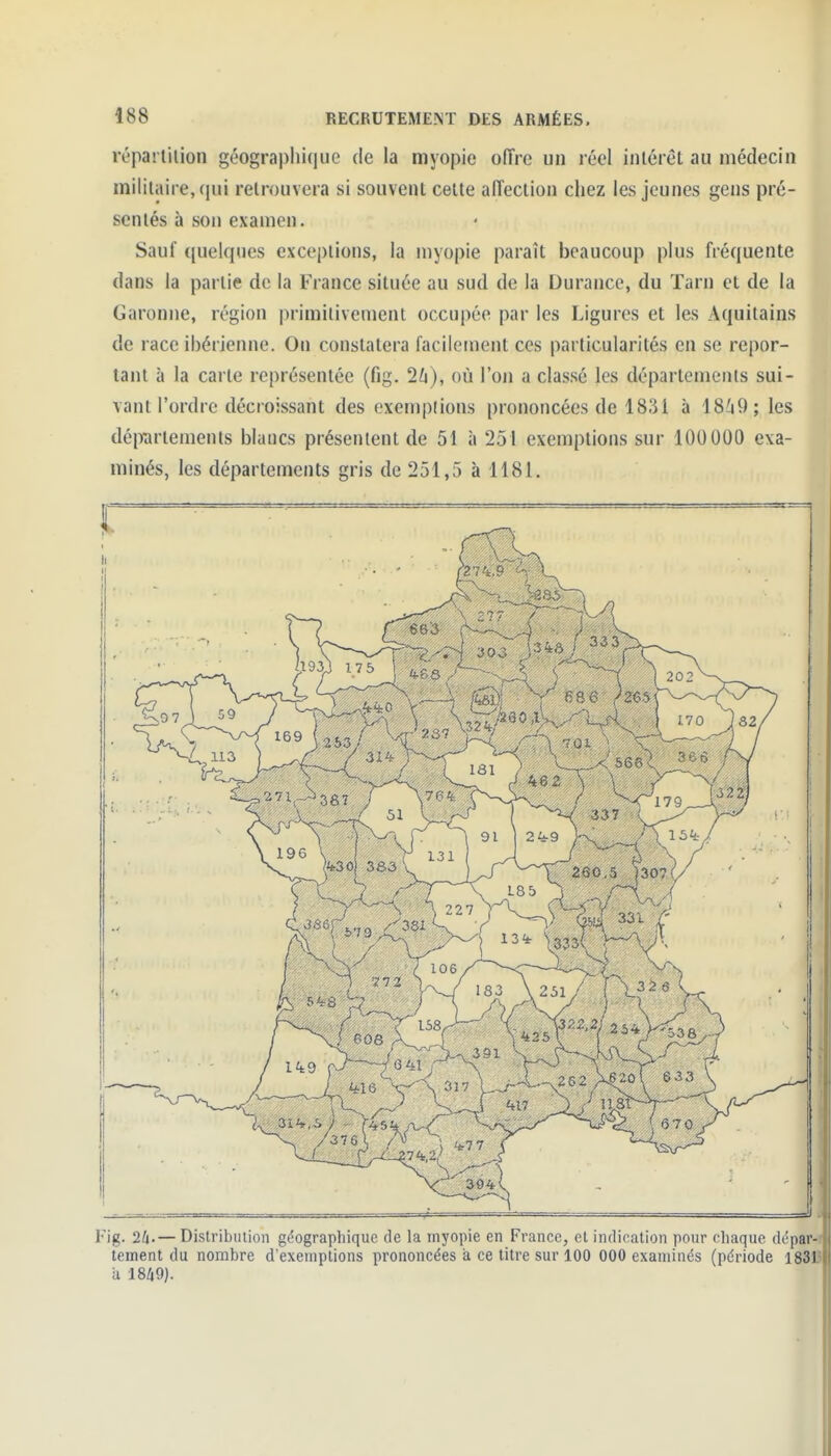 répartilion géogra|)hi(|ue de la myopie oiïre un réel intérêt au médecin mililaire,(iui retrouvera si souvent cette affection chez les jeunes gens pré- sentés à son examen. Sauf quelques exceptions, la myopie paraît beaucoup plus fréquente dans la partie de la France située au sud de la Durance, du Tarn et de la Garonne, région iirimilivement occu|)ée par les Ligures et les Aquitains de race ibérienne. On constatera facilement ces particularités en se repor- tant à la carte représentée (fig. 2i!i), où l'on a classé les départements sui- vant l'ordre décroissant des cxemplions prononcées de 1831 à 18/49; les (léptirtements blancs présentent de 51 ii 251 exemptions sur 100000 exa- minés, les départements gris de 251,5 à 1181. Fig. 2ii.— Distribution géographique de la myopie en France, et indication pour chaque dépar- tement du nombre d'exemptions prononcées à ce titre sur 100 000 examinés (période 1831J U 1849). , II