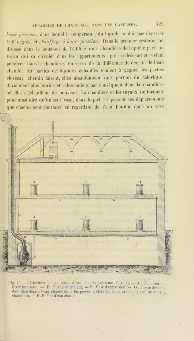 APPAIlKir.S DK CIIAUKKACl- DANS LES CASEKNF.S. 32) /xi^se /jrrss/oii, (Unis lequel l;i leiupéralure du liquide ne doit pas dépasser luO degrés, et chauffage à haute pression. Dans le premier système, ou dispose daus le sous-sol de l'édilice une chaudière de laquelle part uii tuyau qui va circuler daus les apparteuieuis, puis redescend el revient pénétrer dans la chaudière. En vertu de la dilïércnce de densité de l'eau chaude, les parties de liquides échauffés tendent à gagner les parties élevées; chemin faisant, elles abandonnent une portion du calorique, deviennent plus lourdes et redescendent par cotiséquent dans la chaudière où elles s'échaulTcnt de nouveau. La chaudière et les tuyaux ne forment |)our ainsi dire qu'un seul vase, dans lequel se passent ces déplacements que chacun peut constater eu regardant de l'eau bouillir dans un vase l''ig./i5. — Calorifère h ciiculalioii d'eau cliaudo (sysicme Duvoir), — A. Cliaud'u'ro ii loyer intérieur. — B. Tuyau ascendant. — K. Vase d'expansion. — (J. Tuyau descen- dant distribuant l'eau ctiaude dans les iiièces a cliaulïer et la ramenant ensuite dans la chaudière. — H. Poêles d'eau chaude.