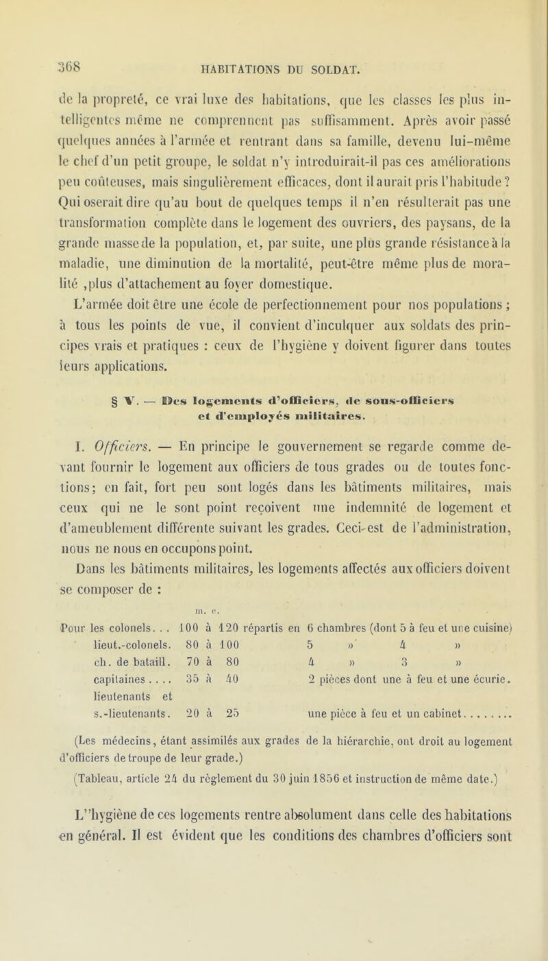 tk- la propreté, ce vrai luxe des liabitalions, que les classes les plus in- telligentes même ne comprennent pas suffisamment. Après avoir passé queUpies années à l'armée et rentrant dans sa famille, devenu lui-même le chef d'un petit groupe, le soldat n'y intrcduirait-il pas ces améliorations peu coûteuses, mais singulièrement efficaces, dont il aurait pris l'habitude? Qui oserait dire qu'au bout de quelques temps il n'en résulterait pas une transformation complète dans le logement des ouvriers, des paysans, de la grande masscde la population, et, par suite, une plus grande résislanceà la maladie, une diminution de Immortalité, peut-être même plus de mora- lité ,plus d'attachement au foyer domestique. L'armée doit être une école de perfectionnement pour nos populations ; à tous les points de vue, il convient d'inculquer aux soldats des prin- cipes vrais et pratiques : ceux de l'hygiène y doivent ligurer dans toutes leurs applications. § V. — Des logements d^ofDeicrs, «le sons-ofGcici's et d'employés militaires. I. Officiers. — En principe le gouvernement se regarde comme de- vant fournir le logement aux officiers de tous grades ou de toutes fonc- tions; en fait, fort peu sont logés dans les bâtiments militaires, mais ceux qui ne le sont point reçoivent ime indemnité de logement et d'ameublement différente suivant les grades. Ceci-est de l'administration, nous ne nous en occupons point. Dans les bâtiments militaires, les logements affectés aux officiers doivent se composer de : m. c. Pour les colonels. . . 100 à 120 répartis en G chambres (dont 5 à feu et une cuisine) lieut.-colonels. 80 à 100 5 » 4 » ch. de bataill. 70 à 80 4 » 3 » capitaines .... 35 à /lO 2 pièces dont une à feu et une écurie, lieutenants et s.-lieutenants. 20 à 25 une pièce à feu et un cabinet (Les médecins, étant assimilés aux grades de la hiérarchie, ont droit au logement d'officiers de troupe de leur grade.) (Tableau, article 24 du règlement du 30 juin 1856 et instruction de même date.) Lhygiène de ces logements rentre alisolument dans celle des habitations en général. Il est évident que les conditions des chambres d'officiers sont