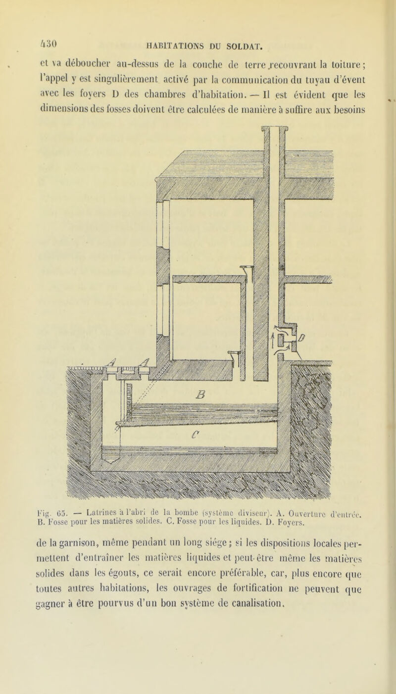 Cl va déboucher au-dessus de la couche de terre recouvrant la toiture; l'appel y est singulièrement activé par la communication du tuyau d'évent avec les foyers D des chambres d'habitation. — Il est évident que les dimensions des fosses doivent être calculées de manière à suffire aux besoins Fig. 65. — Lalrines a l'abri de la bombe (syMèiuc diviseur). A. OuverLiirc d'entrée. B. Fosse pour les matières solides. C. Fosse pour les liquides. D. Foyers. de la garnison, même pendant un long siège ; si les dispositions locales per- mettent d'entraîner les matières liquides et peut-être même les matières solides dans les égouts, ce serait encore préférable, car, plus encore que toutes autres habitations, les ouvrages de fortification ne peuvent que gagner k être pourvus d'un bon système de canalisation.