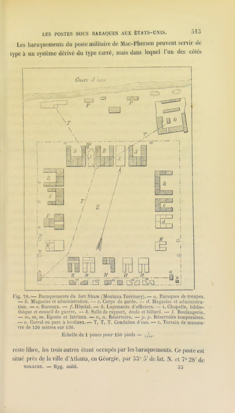 Les barar]uemenls du poslc inililaire de Mac-Pheisoii peuvent servir de type à un système dérivé du type carré, niais dans lequel l'un des côtés Fig. 79.'— Bara(}iiciiieiits du tort Sliaw (Monlaiiii Territory).— a. T3araques de Iroupcs. — b. Magasins et administration. — c. CorjKs de garde. — d. Magasins et administra- tion. — e. IJureaux. — /'. Hôpital. — l\. Logements d'offieiers. — i. Cliapelle, l)il)lio- tlièque et conseil de guerre. — k. Salle de rapiiort, <^cole et liillard. — l. Boulangerie. — ///, m, m. Egouts et latrines. — n, n. Réservoirs. — [i. p. Réservoirs temporaires. — 0. Corral ou parc a bcstiaax.— T, T, T. Conduites d'eau. — z. Terrain de manœu- vre de 130 mètres sur 130. Échelle de 1 pouce pour 150 pieds = reste libre, les trois autres étant occupés par les l)ara(iuements. Ce jwstc est situé près de la ville d'Atlanta, en Géorjjie, par 33 5' de lal. N. et 7 28' de MuuÂCiiK. — ll^y. uiilit. 33