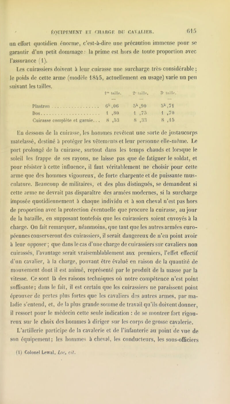 flOUIPFMFNT i:r f.FlARGR DU CAVALIER. HIT) un effort quotidien «'norme, c'est-à-dire une précaution immense pour se garantir d'un petit dommage • la prime est hors de toute proportion avec l'assurance ( l). I,es cuirassiers doivent h leur cuirasse une surcharge très-considérable ; le poids de cette arme (modèle 18^5, actuellement en usage) varie un peu suivant les tailles. i taillo. 2 iiiill.'. 3 Plastron . (i'- ,0() fi'' ,90 5 k .7\ Dos 1 ,<S(» 1 ,75 1 ,7(» Cuirasse complète et j>:arnie.. . S ,5:5 8 ,:?:î s ,15 Kn dessous de la cuirasse, les hommes révèlent une sorte de justaucorps matelassé, destiné îi protéger les vêtements et leur personne elle-même. Le port prolongé de la cuirasse, sm totit dans les temps chauds et îorsque le soleil les frapjie de ses rayons, ne laisse pas que de fatiguer le soldat, et pour résister à cette indiicnce, il faut véritabletnent ne choisir pour cette arme que des hommes vigoureux, de forte charpente et de puissante mus- culature. Beaucoup de militaires, et des plus distingués, se demandent si cette arme ne devrait pas disparaître des armées modernes, si la surcharge imposée quotidiennement à chaque individu et à son cheval n'est pas hors de proportion avec la protection éventuelle que procure la cuirasse, au jour de la bataille, en supposant toutefois que les cuirassiers soient envoyés à la charge. On fait remarquer, néanmoins, que tant que les autres armées euro- péennes conserveront des cuirassiers, il serait dangereux de n'en point avoir à leur opposer ; que dans le cas d'une charge de cuirassiers sur cavaliers non cuirassés, l'avantage serait vraisemblablement aux premiers, l'effet effectif d'un cavalier, à la charge, pouvant être évalué en raison de la quantité de mouvement dont il est animé, représenté par le produit de la masse par la vitesse. Ce sont là des raisons techniques où notre compétence n'est point suffisante; dans le fait, il est certain que les cuirassiers ne paraissent point éprouver de pertes plus fortes que les cavaliers des autres armes, par ma- ladie s'entend, et, de la plus grande somme de travail qu'ils doivent donner, il ressort pour le médecin cette seule indication : de se montrer fort rigou- reux sur le choix des hommes à diriger sur les corps de grosse cavalerie. L'artillerie participe de la cavalerie et de l'infanterie au point de vue de son équipement; les hommes à cheval, les conducteurs, les sous-officiers