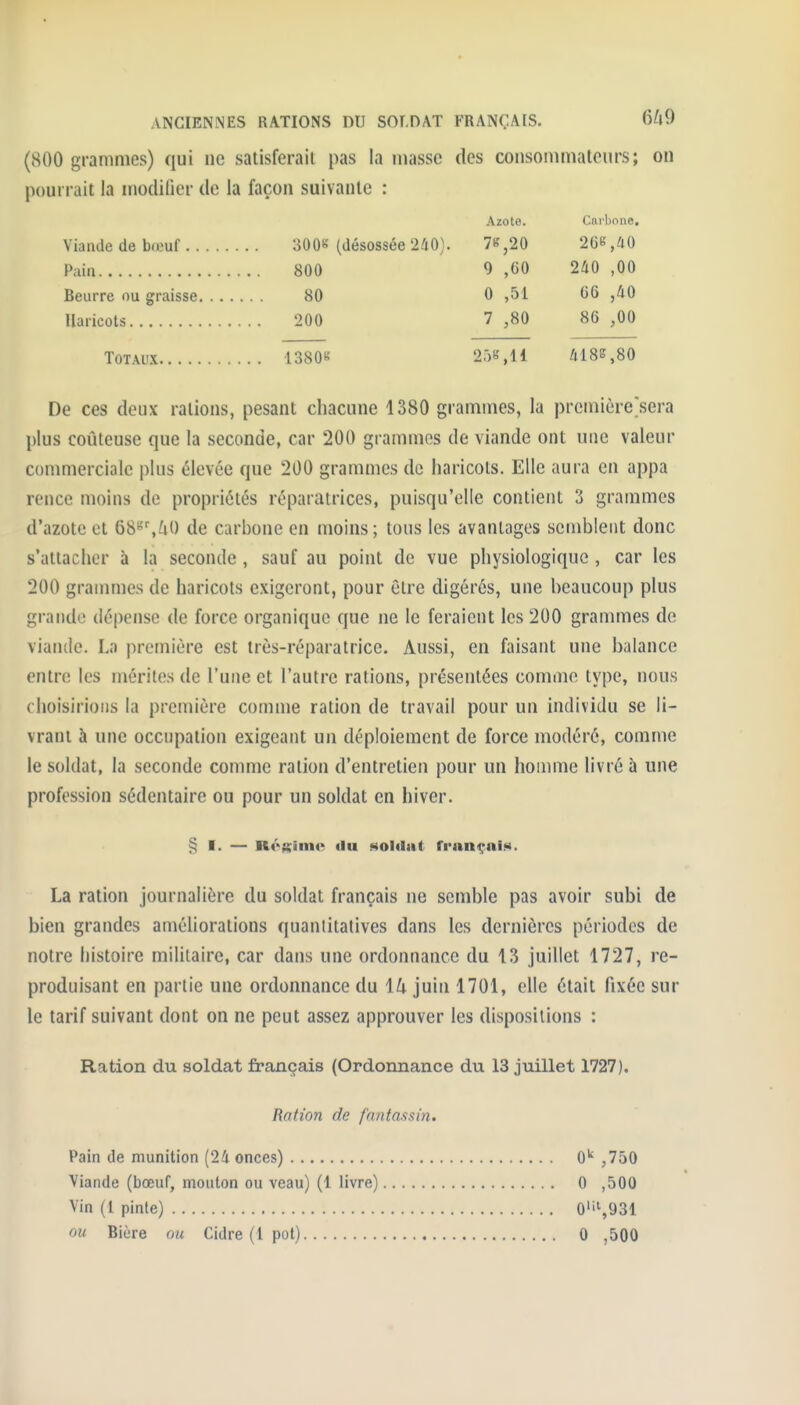 (800 grammes) qui ne satisferait pas la masse des consommateurs; on pourrait la modifier de la façon suivante : Azote. Cnrl)oiie, Viande de bœuf 3008 (désossée 240). 7K,20 266,40 800 9 ,60 240 ,00 80 0 ,51 66 ,40 200 7 ,80 86 ,00 1380« 2r)S,ll 4185,80 De ces deux rations, pesant chacune 1380 grammes, lu première>era plus coûteuse que la seconde, car 200 grammes de viande ont une valeur commerciale plus élevée que 200 grammes de haricots. Elle aura en appa rence moins de propriétés réparatrices, puisqu'elle contient 3 grammes d'azote et 68*''',fi0 de carbone en moins; tous les avantages semblent donc s'attacher à la seconde , sauf au point de vue physiologique , car les 200 grammes de haricots exigeront, pour être digérés, une beaucoup plus grande dépense de force organique que ne le feraient les 200 grammes de viande. La première est très-réparatrice. Aussi, en faisant une balance entre les mérites de l'une et l'autre rations, présentées comme type, nous choisirions la première comme ration de travail pour un individu se li- vrant à une occupation exigeant un déploiement de force modéré, comme le soldat, la seconde comme ration d'entretien pour un homme livré à une profession sédentaire ou pour un soldat en hiver. § I. — Ké^siiiiR du i^oldut françuiH. La ration journalière du soldat français ne semble pas avoir subi de bien grandes améliorations quantitatives dans les dernières périodes de notre histoire militaire, car dans une ordonnance du 13 juillet 1727, re- produisant en partie une ordonnance du IZi juin 1701, elle était Axée sur le tarif suivant dont on ne peut assez approuver les dispositions : Ration du soldat français (Ordonnance du 13 juillet 1727). Ration de fnntassin. Pain de munition (24 onces) 0*^ ,750 Viande (bœuf, mouton ou veau) (1 livre) 0 ,500 Vin (1 pinte) 0'i\931 ou Bière ou Cidre (l pot) 0 ,500