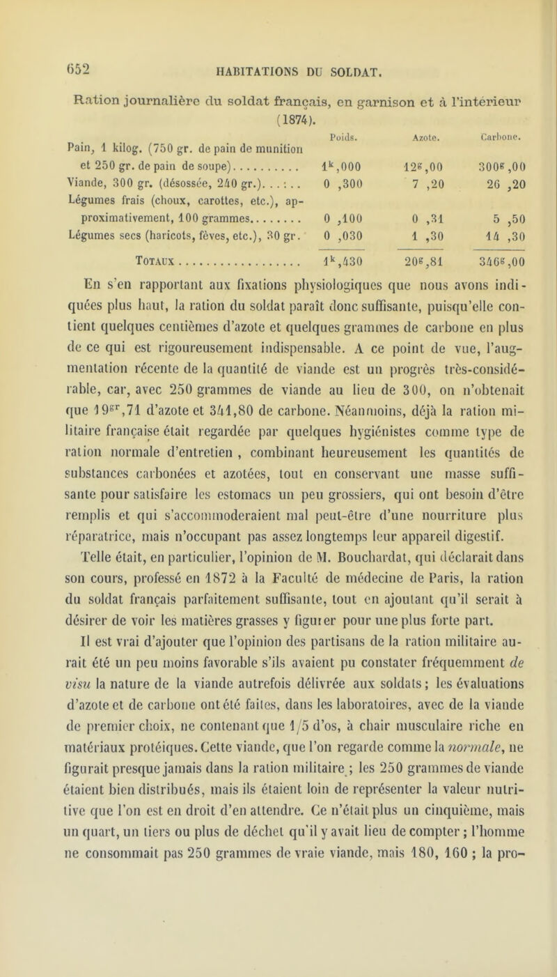 Ration journalière du soldat français, en garnison et à l'intérieur (1874). Poids. Azote. Carbone. Pain, 1 kilog. (750 gr. de pain de munition l^ooo 12e,00 3008 ^00 0 ,300 7 ,20 26 ,20 Légumes frais (choux, carottes, etc.), ap- proximativement, 100 grammes 0 ,100 0 ,31 5 ,50 Légumes secs (haricots, fèves, etc.), 30 gr. 0 ,030 1 ,30 ill ,30 20e,81 3A6g,00 En s'en rapportant aux fixations physiologiques que nous avons indi- quées plus haut, la ration du soldat paraît donc suffisante, puisqu'elle con- tient quelques centièmes d'azote et quelques grammes de carbone en plus de ce qui est rigoureusement indispensable. A ce point de vue, l'aug- mentation récente de la quantité de viande est un progrès très-considé- rable, car, avec 250 grammes de viande au lieu de 300, on n'obtenait que lOs»,?! d'azote et 3/il,80 de carbone. Néanmoins, déjà la ration mi- litaire française était regardée par quelques hygiénistes c(>mme type de ration normale d'entretien , combinant heureusement les quantités de substances carbonées et azotées, tout en conservant une masse suffi- sante pour satisfaire les estomacs un peu grossiers, qui ont besoin d'être remplis et qui s'accommoderaient mal peut-être d'une nourriture plus réparatrice, mais n'occupant pas assez longtemps leur appareil digestif. Telle était, en particulier, l'opinion de M. Bouchardat, qui déclarait dans son cours, professé en 1872 à la Faculté de médecine de Paris, la ration du soldat français parfaitement suffisante, tout en ajoutant qu'il serait à désirer de voir les matières grasses y figurer pour une plus forte part. Il est vrai d'ajouter que l'opinion des partisans de la ration militaire au- rait été un peu moins favorable s'ils avaient pu constater fréquemment de visu la nature de la viande autrefois délivrée aux soldats; les évaluations d'azote et de carbone ont été faites, dans les laboratoires, avec de la viande de premier choix, ne contenant que 1/5 d'os, à chair musculaire riche en matériaux protéiques. Cette viande, que l'on regarde comme la normale^ ne figurait presque jamais dans la ration militaire ; les 250 gramiTies de viande étaient bien distribués, mais ils étaient loin de représenter la valeur nutri- tive que l'on est en droit d'en attendre. Ce n'était plus un cinquième, mais un quart, un tiers ou plus de déchet qu'il y avait lieu de compter ; l'homme ne consommait pas 250 grammes de vraie viande, mais 180, 160 ; la pro-