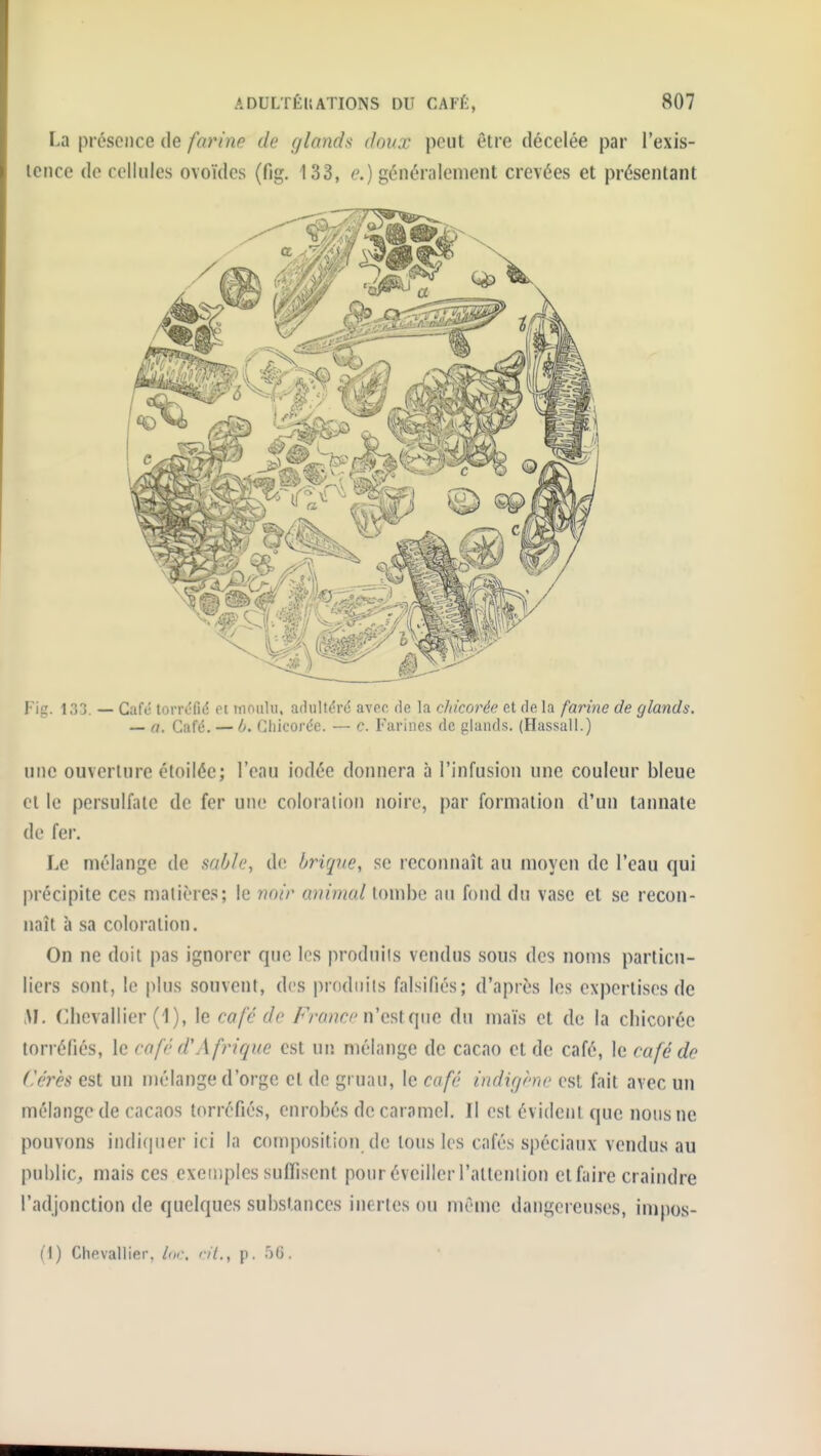 La présence de farine de glande doux peut être décelée par l'exis- tence de cellules ovoïdes (fig. 133, e.) génénilcnient crevées et présentant Fig. I.Tj. — Café torréfié ft mniilii. adultéré avoc rie la chicorée et de la farine de glands. — a. Café. — b. Cliicorée. — e. I-'arines de glands. (Hassall.) une ouverture étoilée; l'eau iodée donnera à l'infusion une couleur bleue cl le persulfate de fer une coloration noire, par formation d'un tannate de fer. Le mélange de sable, de brig7œ, se reconnaît au moyen de l'eau qui précipite ces matières; le ymir animal tombe au fond du vase et se recon- naît à sa coloration. On ne doit pas ignorer que les produits vendus sous des noms particu- liers sont, le |)lus souvent, dos produits falsifiés; d'après les expertises de W. (Chevallier (1), le café de France W(i?,i(\\\Q, du maïs et de la chicorée torréfiés, le café d'Afrique est un mélange de cacao et de café, le café de dérès est un mélange d'orge et de gruau, le café indigène est fait avec un mélange de cacaos torréfiés, enrobés de caramel. Il est évident que nous ne pouvons indi{pier ici la composition de tous les cafés spéciaux vendus au public, mais ces exemples sulFisent pour éveillerrattcnlion et faire craindre l'adjonction de quelques substances inertes ou même dangereuses, impos- (1) Clievaliiftr, Im-, rll,^ p. 56,