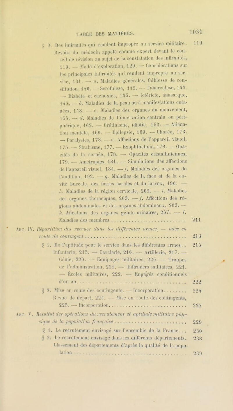 ^ '2. Dos infirmitt's qui reiuleat impropre an service militaire. 119 Devoirs ihi méileciii appelé comme expert devant le con- seil de révision au sujet do la constatation d(>s infirmités, 119. _ Mode d'exploration, 129. — Considérations sur les principales infirmités qui rendent impropre au ser- vice, 131. — (I. Maladies générales, faiblesse de con- stitution, 140. — Scrofnlose, I 'i2. -- Tuberculose, — Diabète et cachexies, 146. — Ictéricie, anasarque, l/i'j. — b. Maladies de la peau ou à manifestations cuta- nées, 148. — c. Maladies des organes du mouvement, 15.-). — d. Maladies de l'innervation centrale on péri- l)liérique, 162. — Crétinisme, idiotie, 163. — Aliéna- lion mentale, 169. — Épilepsie, 169. — Clioréo^ 173, — Paralysies, 173. — e. Affections de l'appareil visuel, 175.— Strabisme, 177. — Exoplithalmie, 178. — Opa- cités do la cornée, 178. — Opacités cristalliniennes, 179. — Amétropies, 181. — Simulations dos affections de l'appareil visuel, 184.—f. Maladies des organes de l'audition, 192. — g. Maladies de la face et de la ca- vité buccale, des fosses nasales et du larynx, 196. — //. Maladies de la région cervicale, 202. — i. Maladies des organes tlioraciques, 203. —j. Affections des ré- gions abdominales et des organes abdominaux^ 203.— /.-. Affections des organes génito-urinaires, 207. — /. Maladies des membres 211 \nr. IV. Rèpnrlilion des recn/cs dmis les différe7ites armes^ — mise en mute dii cnntingml 213 I. De l'aptitude pour le service dans les différentes armes. . 215 Infanterie, 215. — Cavalerie, 216. — Artillerie, 217. — Céiiie, 220. — Équipages militaires, 220. — Troupes de l'administration, 221. — Infirmiers militaires, 221. — Écoles militaires, 222. — Engagés conditionnels d'un an 222 ^ 2. Mise en route des contingents. — Incorporation 224 Bévue de départ, 224. — Mise en route des contingents, 225. — Incorporation 227 A H T. V. RésidtMt des opà-ations du recrutement et aptitude militaire pJuj- sique de lu populf/lion franroise 229 1. Le recrutement envisagé sur l'ensemble de la Franco... 230 ^ 2. Le recrutement envisagé dans les différents départements. 238 Classement des départements d'après la qualité de la popu- lation 239