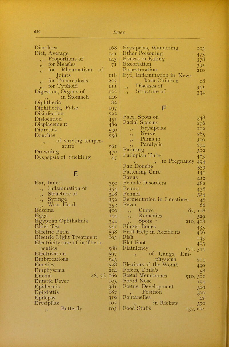 Diarrhoea i68 Diet, Average 141 ,, Proportions of 143 for Measles 71 ,, for Rheumatism of Joints 118 for Tuberculosis 223 ,, for Typhoid 111 Digestion, Organs of 122 ,, in Stomach 146 Diphtheria 82 Diphtheria, False 197 Disinfection 522 Dislocation 451 Displacement 489 Diuretics 530 Douches 558 ,, of varying temper- ature 561 Drowning 470 Dyspepsia of Suckling 47 350 354 348 352 352 400 144 344 541 598 605 Ear, Inner ,, Inflammation of ,, Structure of „ Syringe ,, Wax, Hard Eczema Eggs Egyptian Ophthalmia Elder Tea Electric Baths Electric lyight Treatment Electricity, use of in Thera- peutics 588 Electrization 597 Embrocations 545 Emetics 528 Emphysema 214 Enema 48, 56, 169 Enteric Fever 105 Epidermis 381 Epiglottis 187 Epilepsy 319 Erysipilas 102 „ Butterfly 103 Erysipelas, Wandering Ether Poisoning Excess in Eating Excoriation Expectoration Eye, Inflammation in New- born Children ,, Diseases of ,, Structure of Face, Spots on Facial Spasms Erysipelas ,, Nerve ,, Pains in ,, Paralysis Fainting Fallopian Tube 103 475 378 391 210 18 341 334 548 296 102 285 300 294 312 483 /1 ; Fan Douche in Pregnancy 494 Fattening Cure 559 Favus 412 Female Disorders 482 Femur 438 Fennel 524 Fermentation in Intestines 48 Fever 66 „ Curve 67, 108 ,, Remedies 529 ,, Spots • 210, 408 Finger Bones 435 First Help in Accidents 466 Fish 143 Flat P'oot 465 Flatulency 171, 524 „ of lyungs, Em- physema 214 Flexions of the Womb 490 Fceces, Child's 58 Foetal Membranes 510, 511 Foetid Nose 194 Foetus, Development 509 Position 510 Fontanel les Food Stuffs in Rickets 42 370 137, etc.