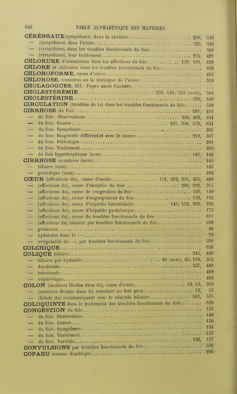 GEREBRAUX(symi)tdmes) dans la cin hoso 290, 543 — (syniptôiïios) dans l'ictère 1529, 340 — (syniplômes) dans les troubles fonctionnels du foie 59G — (symptômes), leur traitement 275, 421 CHLORURE d'ammonium dans les affections du foie 139, 193, 628 CHLORE et chlorures dans 1ns troubles fonctionnels du foie 628 CHLOROFORME, cause d'iclèrc 414 CHLOROSE, comment on la distingue de l'ictère 319 GHOLAGOGUES, 621. Voyez, aussi Calomei. CHOLESTËRÉMIE 330, 549, rm fnote), 564 CHOLESTÉRINE 330, 549 CIRCULATION (troubles de la) dans les troubles fonctionnels du foie 598 CIRRHOSE du foie...- 281, 416 — du foie. Observations 299, 482, 634 — du foie. Causes 291, 308. 579, 634 — du foie. Symptômes .v 285 — du foie. Diagnostic différentiel avec le cancer 219, 307 — du foie. Patliologie 281 — du foie. Traitement 293 — du foie hypertrophique (note) 143, 144 CIRRHOSE annulaire (note) 145 — biliaire (note) 145 — gravidique (note) 292 CŒUR (affections du), cause d'ascite 152, 292, 315, 455, 480 — (affections du), cause d'atrophie du foie 282, 292, 315 — (affections du), cause de congestion du foie 136, 140 — (affections du), cause d'engorgement du foie 136, 152 — (affections du), cause d'hépatite interstitielle 145,152, 282, 292 — (affections du), cause d'hépatite pyohémique 173 — (affections du), cause de troubles fonctionnels du foie 611 — (affections du) causées par troubles fonctionnels du foie 598 — graisseux 48 — hydatides dans le — 70 — irrégularité du —, par troubles fonctionnels du foie 599 COLCHIQUE 626 COLIQUE biliaire 345, 490 — biliaire par hydatidc 60 (note), 65, 118, 352 — duodénale 357, 489 — intestinale — néphrétique COLON (matières fécales dans le), cause d'ictère 12, 13, 369^ — (matières fécales dans le) simulant un foie gros.. 12, 13 — (fistule du) communiquant avec la vésicule biliaire 503, 515 COLOQUINTE dans le traitement des troubles fonctionnels du foie 626 CONGESTION du foie 133 — (lu foie. Observations '^0 — du foie. Causes — du foie. Symptômes '34 — du foie. TraitemenI — du foie. Variétés *36, 137 CONVULSIONS par troubles fonctionnels du foie 592 COPAHU comme diurétique -^^