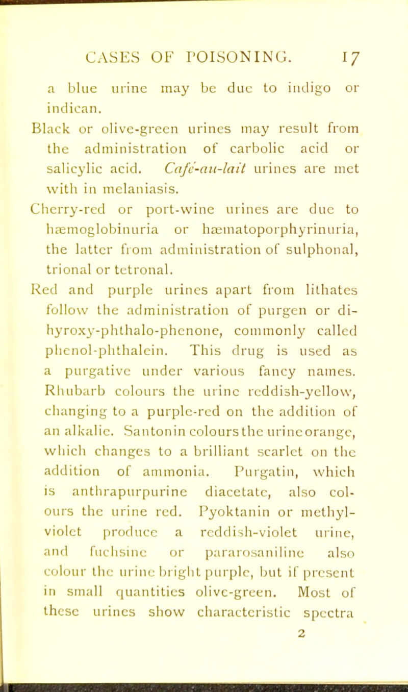a blue urine may be due to iudigo or indican. Black or olive-green urines may result from the administration of carbolic acid or salicylic acid. Cafc-au-lail urines are met with in melaniasis. Chcrry-rcd or port-wine mines are due to hpemoglobinuria or hEematoporphyrinuria, the latter from administration of sulphonal, trional or tctronal. Red and purple urines apart from lithates follow the administration of purgen or di- hyroxy-pluhalo-phenonc, commonly called plicnol-phthalcin. This drug is used as a purgative under various fancy names. Rhubarb colours the urine reddish-yellow, changing to a purple-red on the addition of an alkalic. Santonin coloursthc urineorangc, which changes to a brilliant scarlet on the addition of ammonia. Purgatin, which is anthrapurpurine diacetatc, also col- ours the urine red. I'yoktanin or methyl- violet |iroducc a reddish-violet urine, and fuchsiiie or pararosaniline also colour the urine bright purple, but if present ill small quantities olive-green. Most of these urines show characteristic spectra 2