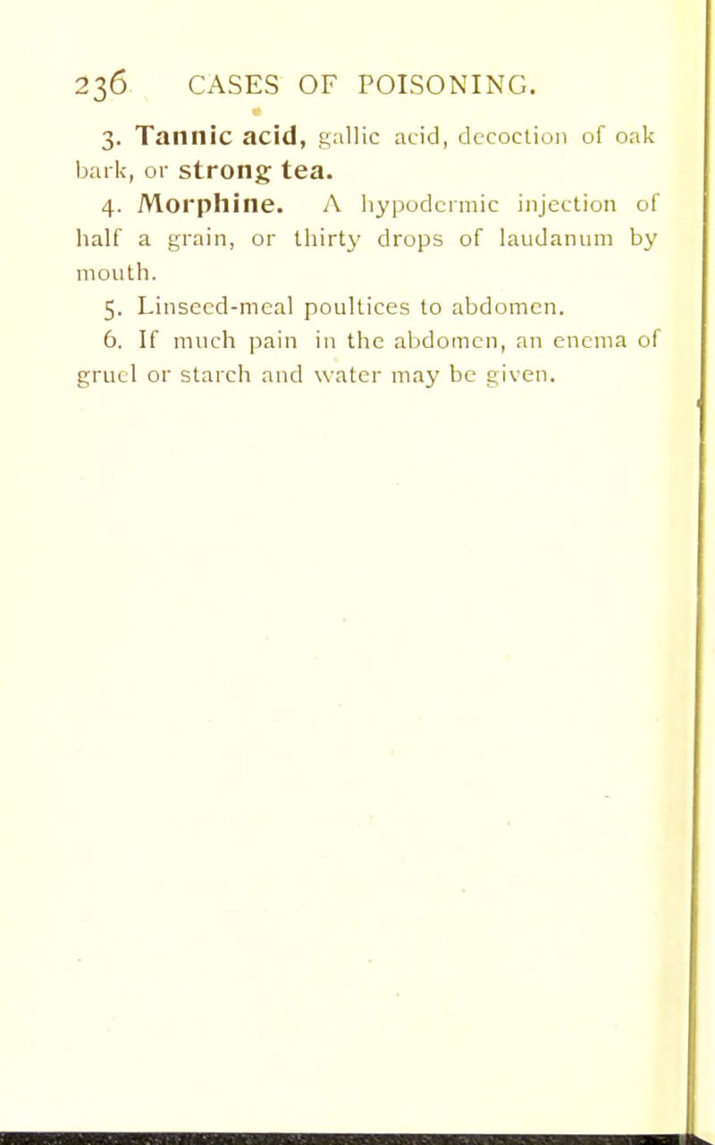 3. Tannic acid, gallic acid, decoction of oak bark, or strong tea. 4. Morphine. A hypodermic injection of half a grain, or thirty drops of laudanum by mouth. 5. Linseed-meal poultices to abdomen. 6. If much pain in the abdomen, an enema of gruel or starch and water may be given.
