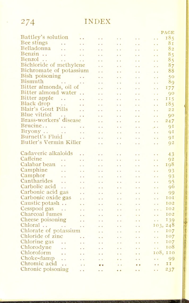 Battley's solution Bee stings Belladonna Benzin .. Benzol .. Bichloride of nielliylene Bichromate of potassium Bish poisoning Bismuth Bitter almonds, oil of Bitter almond water .. Bitter apple Black drop Blair's Gout Pills Blue vitriol Brass-workers' disease Brucine.. Bryony .. Burnett's Fluid Butler's Vermin Killer Cadaveric alkaloids Caffeine Calabar bean .. Camphine Camphor Cantharides Carbolic acid .. Carbonic acid gas Carbonic oxide gas Caustic potash .. Cesspool gas Charcoal fumes Cheese poisoning Chloral Chlorate of potassium Chloride of zinc Chlorine gas Clilorodyuc Chloroform Choke-damp Chromic acid .. Chronic poisoning