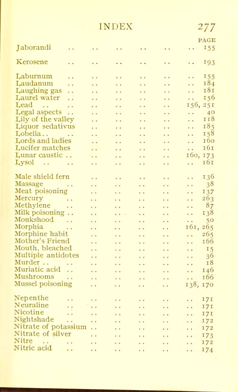 Jaboraudi Kerosene Laburnum I^audanum laughing gas .. I,aurel water .. Lead Legal aspects .. Lily of the valley Liquor sedativus Lobelia.. Lords and ladies Lucifer matches Lunar caustic .. Lysol Male shield fern Massage Meat poisoning Mercury Methylene Milk poisoning .. Monkshood Morphia Morphine habit Mother's Friend Mouth, bleached Multiple antidotes Murder .. Muriatic acid .. Mushrooms Mussel poisoning Nepenthe Neuraline Nicotine .'. Nightshade Nitrate of potassium Nitrate of silver Nitre Nitric acid I'AGE 155 184 181 156 156 251 40 118 185 158 160 161 160 173 161 136 38 137 263 87 138 50 161, 265 265 i65 15 36 18 146 166 138, 170 171 171 171 172 172 173 172 174