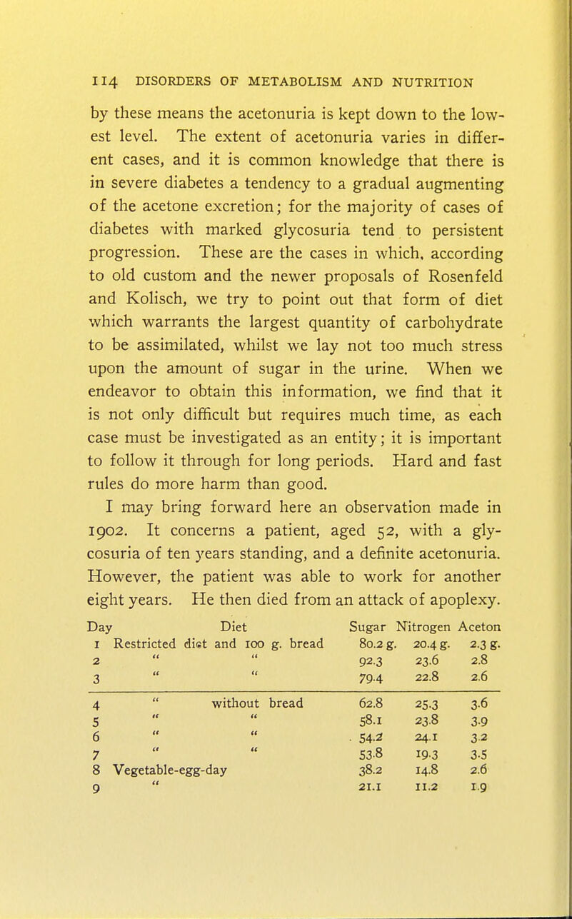 by these means the acetonuria is kept down to the low- est level. The extent of acetonuria varies in differ- ent cases, and it is common knowledge that there is in severe diabetes a tendency to a gradual augmenting of the acetone excretion; for the majority of cases of diabetes with marked glycosuria tend to persistent progression. These are the cases in which, according to old custom and the newer proposals of Rosenfeld and Kolisch, we try to point out that form of diet which warrants the largest quantity of carbohydrate to be assimilated, whilst we lay not too much stress upon the amount of sugar in the urine. When we endeavor to obtain this information, we find that it is not only difficult but requires much time, as each case must be investigated as an entity; it is important to follow it through for long periods. Hard and fast rules do more harm than good. I may bring forward here an observation made in 1902. It concerns a patient, aged 52, with a gly- cosuria of ten years standing, and a definite acetonuria. However, the patient was able to work for another eight years. He then died from an attack of apoplexy. Day Diet Sugar Nitrogen Aceton I Restricted diet and 100 g. bread 80.2 g. 20.4 g. 2.3 2 u << 923 23.6 2.8 3 « u 794 22.8 2.6 4 without bread 62.8 25-3 3-6 5 58.1 23.8 3-9 6 » tt ■ 54-2 24.1 32 7 tt u S3-8 193 3-5 8 Vegetable-egg-day 38.2 14.8 2.6 9 tt 21.1 11.2 i-9
