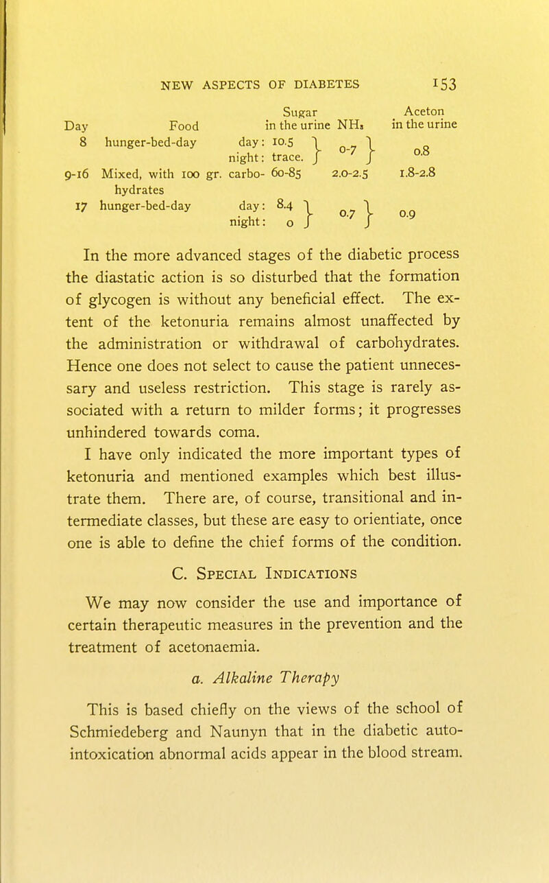 0.8 Sugar Aceton Day Food in the urine NH» in the urine 8 hunger-bed-day day: 10.5 night: trace. 9-16 Mixed, with 100 gr. carbo- 60-85 2.0-2.5 1.8-2.8 hydrates 17 hunger-bed-day day: 8.4 I 07 \ night: o J J } I 0.9 In the more advanced stages of the diabetic process the diastatic action is so disturbed that the formation of glycogen is without any beneficial effect. The ex- tent of the ketonuria remains almost unaffected by the administration or withdrawal of carbohydrates. Hence one does not select to cause the patient unneces- sary and useless restriction. This stage is rarely as- sociated with a return to milder forms; it progresses unhindered towards coma. I have only indicated the more important types of ketonuria and mentioned examples which best illus- trate them. There are, of course, transitional and in- termediate classes, but these are easy to orientiate, once one is able to define the chief forms of the condition. C. Special Indications We may now consider the use and importance of certain therapeutic measures in the prevention and the treatment of acetonaemia. a. Alkaline Therapy This is based chiefly on the views of the school of Schmiedeberg and Naunyn that in the diabetic auto- intoxication abnormal acids appear in the blood stream.