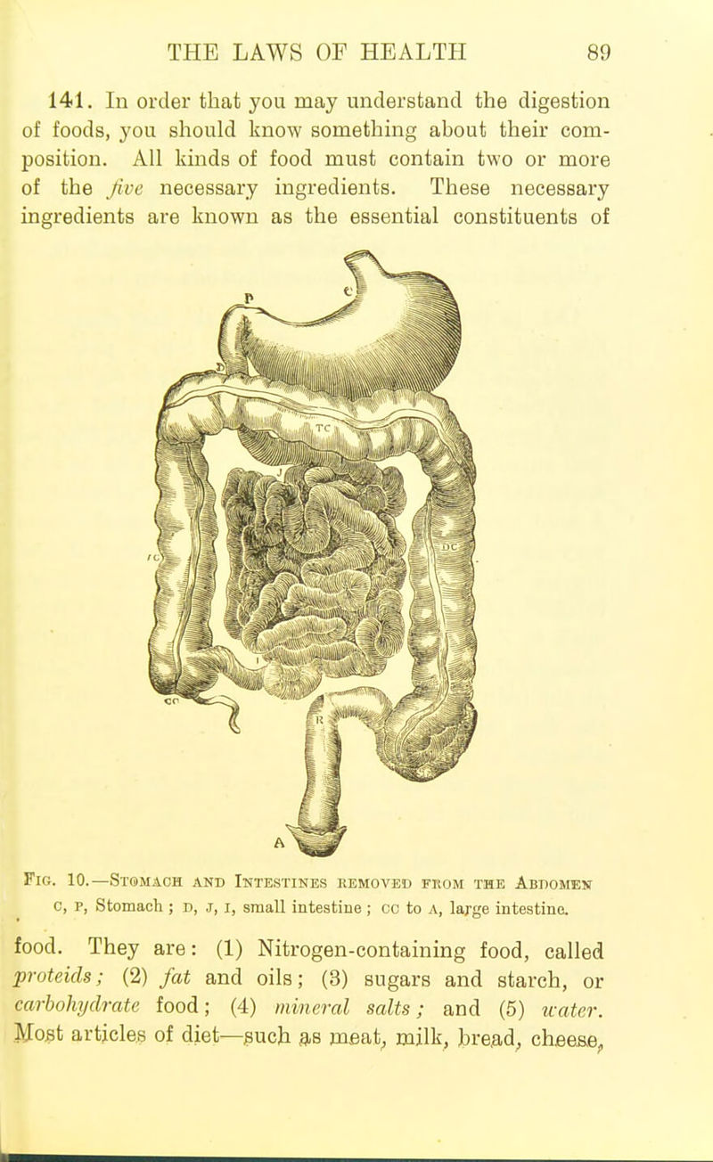 141. In order that you may understand the digestion of foods, you should know something about their com- position. All kmds of food must contain two or more of the five necessary ingredients. These necessary ingredients are known as the essential constituents of FiCr. 10.—Stqmach and Intestines removed fkom the Abdomen c, p, Stomach ; d, j, i, small intestine ; cc to a, large intestine. food. They are: (1) Nitrogen-containing food, called proteids; (2) fat and oils; (3) sugars and starch, or carbohydrate food; (4) mineral salts; and (5) water. Most articles of diet—^uch msat^ milk, hre,ad, cheese^