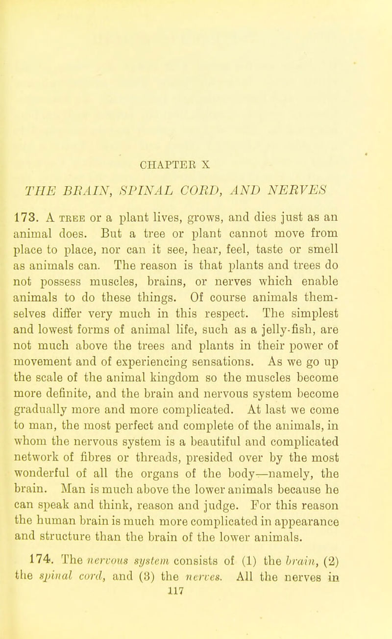 CHAPTER X TFIE BBAIN, SPINAL CORD, AND NERVES 173. A TREE or a plant lives, grows, and dies just as an animal does. But a tree or plant cannot move from place to place, nor can it see, hear, feel, taste or smell as animals can. The reason is that plants and trees do not possess muscles, brains, or nerves which enable animals to do these things. Of course animals them- selves differ very much in this respect. The simplest and lowest forms of animal life, such as a jelly-fish, are not much above the trees and plants in their power of movement and of experiencing sensations. As we go up the scale of the animal kingdom so the muscles become more definite, and the brain and nervous system become gradually more and more complicated. At last we come to man, the most perfect and complete of the animals, in whom the nervous system is a beautiful and complicated network of fibres or threads, presided over by the most wonderful of all the organs of the body—namely, the brain. Man is much above the lower animals because he can speak and think, reason and judge. For this reason the human brain is much more complicated in appearance and structure than the brain of the lower animals. 174. The nervous system consists of (1) the brain, (2) the spinal cord, and (3) the nerves. All the nerves in