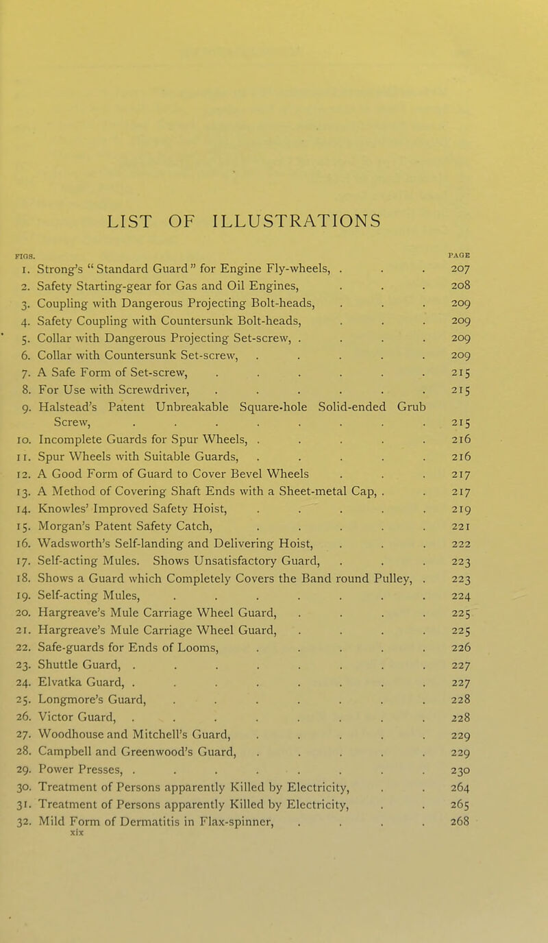 LIST OF ILLUSTRATIONS FIGS. PAGE 1. Strong’s “Standard Guard” for Engine Fly-wheels, . . . 207 2. Safety Starting-gear for Gas and Oil Engines, . . . 208 3. Coupling with Dangerous Projecting Bolt-heads, . . . 209 4. Safety Coupling with Countersunk Bolt-heads, . . . 209 5. Collar with Dangerous Projecting Set-screw, .... 209 6. Collar with Countersunk Set-screw, ..... 209 7. A Safe Form of Set-screw, . . . . . .215 8. For Use with Screwdriver, . . . . . .215 9. Halstead’s Patent Unbreakable Square-hole Solid-ended Grub Screw, . . . . . . . .215 10. Incomplete Guards for Spur Wheels, ..... 216 11. Spur Wheels with Suitable Guards, ..... 216 12. A Good Form of Guard to Cover Bevel Wheels . . . 217 13. A Method of Covering Shaft Ends with a Sheet-metal Cap, . . 217 14. Knowles’ Improved Safety Hoist, . . . . .219 15. Morgan’s Patent Safety Catch, . . . . .221 16. Wadsworth’s Self-landing and Delivering Hoist, . . . 222 17. Self-acting Mules. Shows Unsatisfactory Guard, . . . 223 18. Shows a Guard which Completely Covers the Band round Pulley, . 223 19. Self-acting Mules, ....... 224 20. Hargreave’s Mule Carriage Wheel Guard, .... 225 21. Hargreave’s Mule Carriage Wheel Guard, .... 225 22. Safe-guards for Ends of Looms, ..... 226 23. Shuttle Guard, ........ 227 24. Elvatka Guard, ........ 227 25. Longmore’s Guard, ....... 228 26. Victor Guard, ........ 228 27. Woodhouse and Mitchell’s Guard, ..... 229 28. Campbell and Greenwood’s Guard, ..... 229 29. Power Presses, ........ 230 30. Treatment of Persons apparently Killed by Electricity, . . 264 31. Treatment of Persons apparently Killed by Electricity, . . 265 32. Mild Form of Dermatitis in Flax-spinner, .... 268