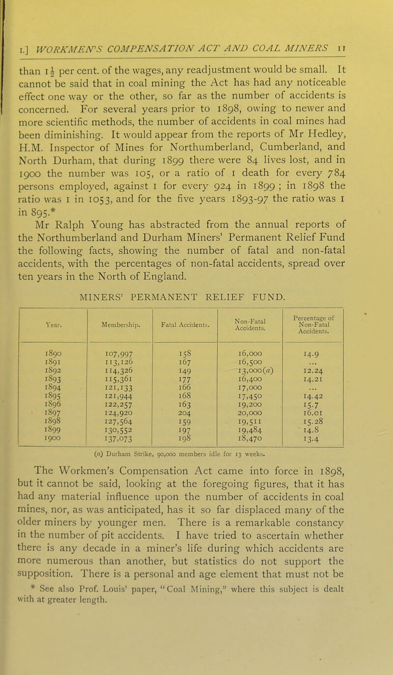 I.] WORKMEN'S COMPENSATION ACT AND COAL MINERS n than 11 per cent, of the wages, any readjustment would be small. It cannot be said that in coal mining the Act has had any noticeable effect one way or the other, so far as the number of accidents is concerned. For several years prior to 1898, owing to newer and more scientific methods, the number of accidents in coal mines had been diminishing. It would appear from the reports of Mr Hedley, H.M. Inspector of Mines for Northumberland, Cumberland, and North Durham, that during 1899 there were 84 lives lost, and in 1900 the number was 105, or a ratio of 1 death for every 784 persons employed, against 1 for every 924 in 1899 ; in 1898 the ratio was 1 in 1053, and for the five years 1893-97 the ratio was 1 in 895.* Mr Ralph Young has abstracted from the annual reports of the Northumberland and Durham Miners’ Permanent Relief Fund the following facts, showing the number of fatal and non-fatal accidents, with the percentages of non-fatal accidents, spread over ten years in the North of England. MINERS’ PERMANENT RELIEF FUND. Year. Membership. Fatal Accidents. Non-Fatal Accidents, Percentage of Non-Fatal Accidents. 1890 107,997 15s 16,000 14.9 1S91 113,126 167 16,500 ... 1S92 114,326 149 13,000 («) 12.24 1893 H5.361 177 16,400 14.2I 1894 121,133 166 17,000 1895 121,944 168 17,450 14.42 1896 122,257 163 19,200 15-7 1897 124,920 204 20,000 16.01 1898 127,564 159 19,5” 15.28 1899 130,552 197 19,484 14.8 1900 L37,073 198 18,470 13-4 (a) Durham Strike, 90,000 members idle for 13 weeks. The Workmen’s Compensation Act came into force in 1898, but it cannot be said, looking at the foregoing figures, that it has had any material influence upon the number of accidents in coal mines, nor, as was anticipated, has it so far displaced many of the older miners by younger men. There is a remarkable constancy in the number of pit accidents. I have tried to ascertain whether there is any decade in a miner’s life during which accidents are more numerous than another, but statistics do not support the supposition. There is a personal and age element that must not be * See also Prof. Louis’ paper, “Coal Mining,” where this subject is dealt with at greater length.