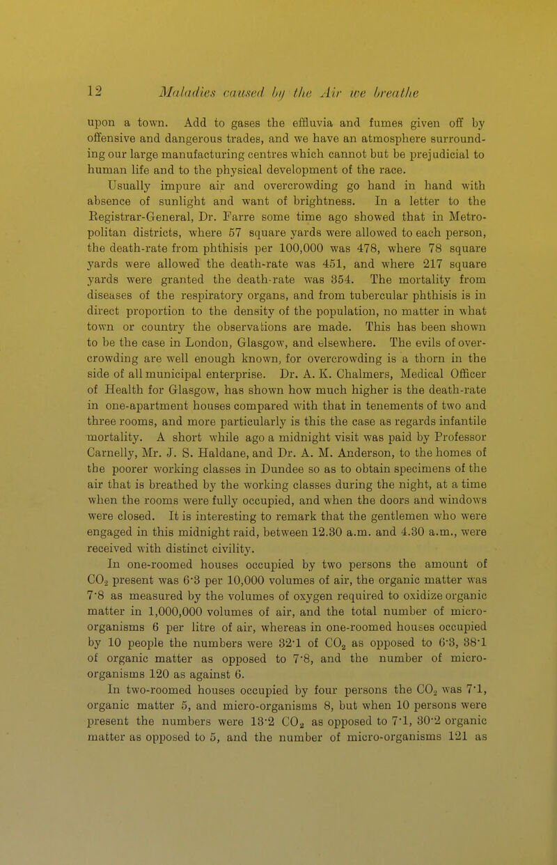 upon a town. Add to gases the effluvia and fumes given off by offensive and dangerous trades, and we have an atmosphere surround- ing our large manufacturing centres which cannot but be prejudicial to human life and to the physical development of the race. Usually impure air and overcrowding go hand in hand with absence of sunlight and want of brightness. In a letter to the Eegistrar-General, Dr. Farre some time ago showed that in Metro- politan districts, where 57 square yards were allowed to each person, the death-rate from phthisis per 100,000 was 478, where 78 square yards were allowed the death-rate was 451, and where 217 square yards were granted the death-rate was 354. The mortality from diseases of the respiratory organs, and from tubercular phthisis is in direct proportion to the density of the population, no matter in what town or country the observations are made. This has been shown to be the case in London, Glasgow, and elsewhere. The evils of over- crowding are well enough known, for overcrowding is a thorn in the side of all municipal enterprise. Dr. A. K. Chalmers, Medical Officer of Health for Glasgow, has shown how much higher is the death-rate in one-apartment houses compared with that in tenements of two and three rooms, and more particularly is this the case as regards infantile mortality. A short while ago a midnight visit was paid by Professor Carnelly, Mr. J. S. Haldane, and Dr. A. M. Anderson, to the homes of the poorer working classes in Dundee so as to obtain specimens of the air that is breathed by the working classes during the night, at a time when the rooms were fully occupied, and when the doors and windows were closed. It is interesting to remark that the gentlemen who were engaged in this midnight raid, between 12.30 a.m. and 4.30 a.m., were received with distinct civility. In one-roomed houses occupied by two persons the amount of CO2 present was 6'3 per 10,000 volumes of air, the organic matter was 7*8 as measured by the volumes of oxygen required to oxidize organic matter in 1,000,000 volumes of air, and the total number of micro- organisms 6 per litre of air, whereas in one-roomed houses occupied by 10 people the numbers were 32*1 of COg as opposed to 6*3, 38-1 of organic matter as opposed to 7*8, and the number of micro- organisms 120 as against 6. In two-roomed houses occupied by four persons the CO2 was 7*1, organic matter 6, and micro-organisms 8, but when 10 persons were present the numbers were 13-2 CO^ as opposed to 7*1, 30*2 organic matter as opposed to 5, and the number of micro-organisms 121 as