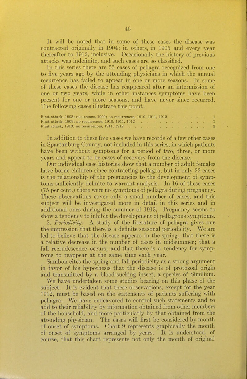 It will be noted that in some of these cases the disease was contracted originally in 1904; in others, in 1905 and every year thereafter to 1912, inclusive. Occasionally the history of previous attacks was indefinite, and such cases are so classified. In this series there are 55 cases of pellagra recognized from one to five years ago by the attending physicians in which the annual recurrence has failed to appear in one or more seasons. In some of these cases the disease has reappeared after an intermission of one or two years, while in other instances symptoms have been present for one or more seasons, and have never since recurred. The following cases illustrate this point: First attack, 1908; recurrence, 1909; no recurrences, 1910, 1911, 1912 1 First attack, 1909; no recurrences, 1910, 1911, 1912 1 First attack, 1910; no recurrences, 1911, 1912 3 In addition to these five cases we have records of a few other cases in Spartanburg County, not included in this series, in which patients have been without symptoms for a period of two, three, or more years and appear to be cases of recovery from the disease. Our individual case histories show that a number of adult females have borne children since contracting pellagra, but in only 22 cases is the relationship of the pregnancies to the development of symp- toms sufficiently definite to warrant analysis. In 16 of these cases (75 per cent.) there were no symptoms of pellagra during pregnancy. These observations cover only a small number of cases, and this subject will be investigated more in detail in this series and in additional ones during the summer of 1913, Pregnancy seems to show a tendency to inhibit the development of pellagrous symptoms. 2. Periodicity. A study of the literature of pellagra gives one the impression that there is a definite seasonal periodicity. We are led to believe that the disease appears in the spring; that there is a relative decrease in the number of cases in midsummer; that a fall recrudescence occurs, and that there is a tendency for symp- toms to reappear at the same time each year. Sambon cites the spring and fall periodicity as a strong argument in favor of his hypothesis that the disease is of protozoal origin and transmitted by a blood-sucking insect, a species of Similium. We have undertaken some studies bearing on this phase of the subject. It is evident that these observations, except for the year 1912, must be based on the statements of patients suffering with pellagra. We have endeavored to control such statements and to add to their reliability by information obtained from other members of the household, and more particularly by that obtained from the attending physician. The cases will first be considered by month of onset of symptoms. Chart 9 represents graphically the month of onset of symptoms arranged by years. It is understood, of course, that this chart represents not only the month of original