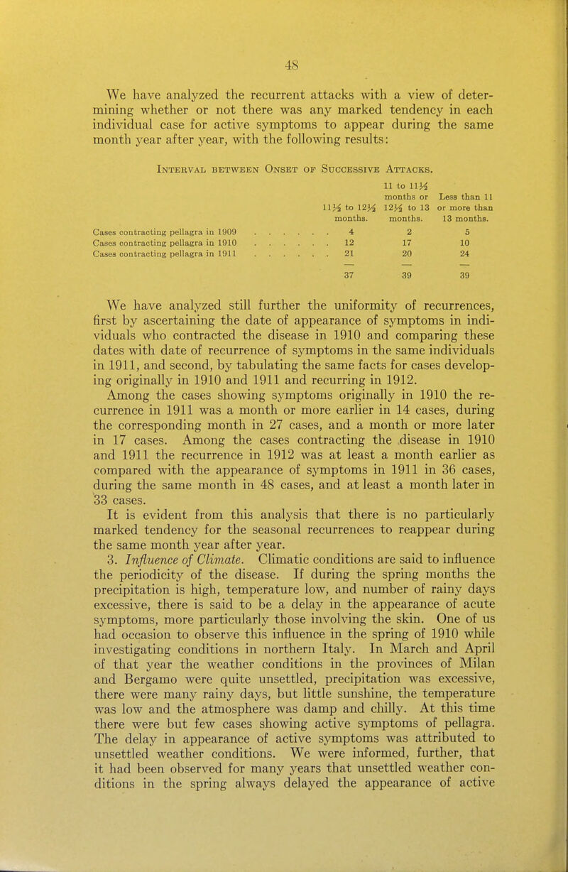 We have analyzed the recurrent attacks with a view of deter- mining whether or not there was any marked tendency in each individual case for active symptoms to appear during the same month year after year, with the following results: Interval between Onset of Successive Attacks. iiH to 123^ months. Cases contracting pellagra in 1909 4 Cases contracting pellagra in 1910 12 Cases contracting pellagra in 1911 21 11 to n}4 months or 12H to 13 months. 2 17 20 Less than 11 or more than 13 months. 5 10 24 37 39 39 We have analyzed still further the uniformity of recurrences, first by ascertaining the date of appearance of symptoms in indi- viduals who contracted the disease in 1910 and comparing these dates with date of recurrence of symptoms in the same individuals in 1911, and second, by tabulating the same facts for cases develop- ing originally in 1910 and 1911 and recurring in 1912. Among the cases showing symptoms originally in 1910 the re- currence in 1911 was a month or more earlier in 14 cases, during the corresponding month in 27 cases, and a month or more later in 17 cases. Among the cases contracting the disease in 1910 and 1911 the recurrence in 1912 was at least a month earher as compared with the appearance of symptoms in 1911 in 36 cases, during the same month in 48 cases, and at least a month later in 33 cases. It is evident from this analysis that there is no particularly marked tendency for the seasonal recurrences to reappear during the same month year after year. 3. Influence of Climate. Climatic conditions are said to influence the periodicity of the disease. If during the spring months the precipitation is high, temperature low, and number of rainy days excessive, there is said to be a delay in the appearance of acute symptoms, more particularly those involving the skin. One of us had occasion to observe this influence in the spring of 1910 while investigating conditions in northern Italy. In March and April of that year the weather conditions in the provinces of Milan and Bergamo were quite unsettled, precipitation was excessive, there were many rainy days, but little sunshine, the temperature was low and the atmosphere was damp and chilly. At this time there were but few cases showing active symptoms of pellagra. The delay in appearance of active symptoms was attributed to unsettled weather conditions. We were informed, further, that it had been observed for many years that unsettled weather con- ditions in the spring always delayed the appearance of active