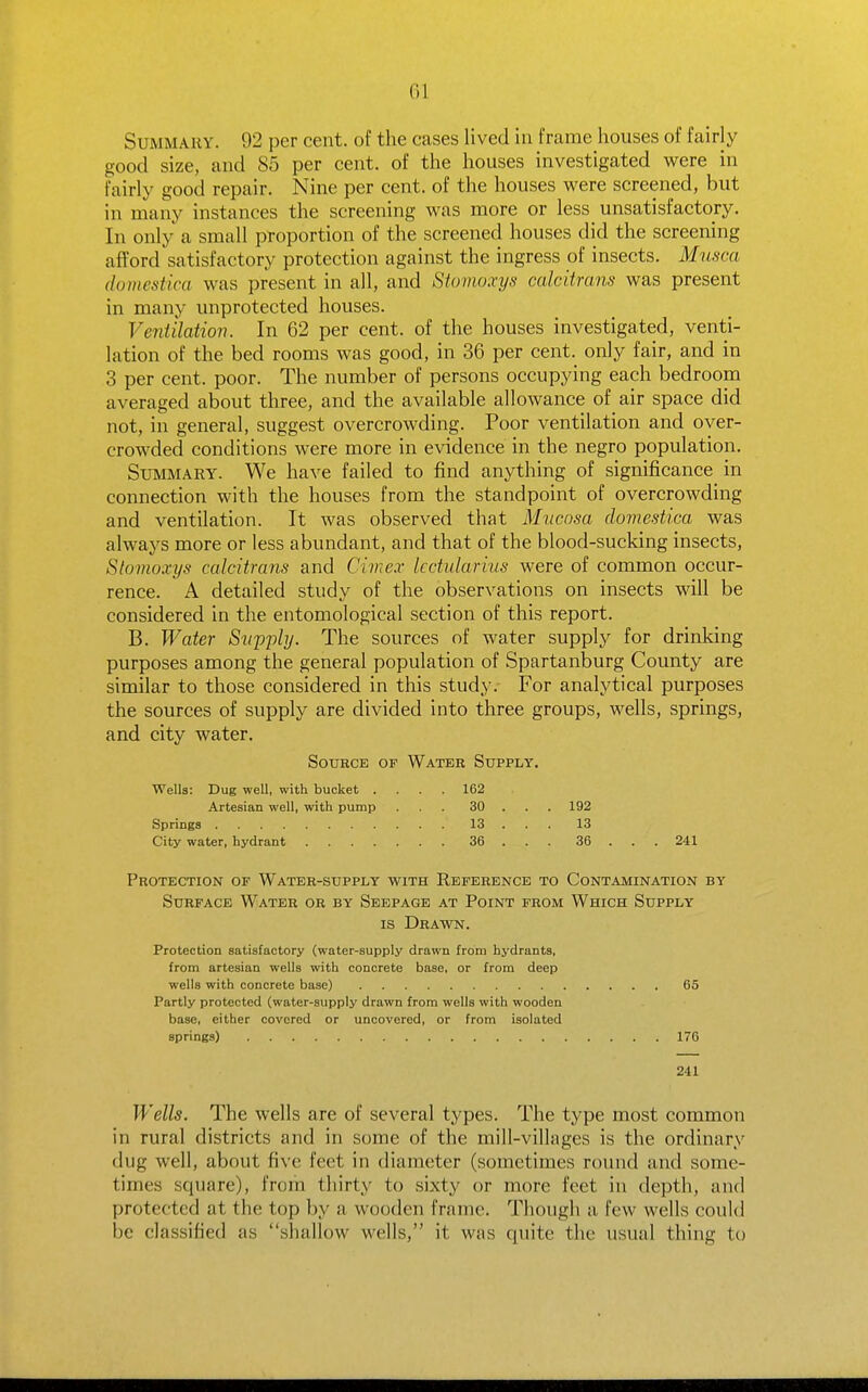 Summary. 92 per cent, of the cases lived in frame houses of fairly good size, and 85 per cent, of the houses investigated were in fairly good repair. Nine per cent, of the houses were screened, but in many instances the screening was more or less unsatisfactory. In only a small proportion of the screened houses did the screening afford satisfactory protection against the ingress of insects. Musca dumestica was present in all, and Stomo.rys culcitrcins was present in many unprotected houses. Ventilation. In 62 per cent, of the houses investigated, venti- lation of the bed rooms was good, in 36 per cent, only fair, and in 3 per cent. poor. The number of persons occupying each bedroom averaged about three, and the available allowance of air space did not, in general, suggest overcrowding. Poor ventilation and over- crowded conditions were more in evidence in the negro population. Summary. We have failed to find anything of significance in connection with the houses from the standpoint of overcrowding and ventilation. It was observed that Mucosa domestica was always more or less abundant, and that of the blood-sucking insects, Stomo.vys calcitrans and Civiex Icctularius were of common occur- rence. A detailed study of the observations on insects will be considered in the entomological section of this report. B. Water Snyyly. The sources of water supply for drinking purposes among the general population of Spartanburg County are similar to those considered in this study. For analytical purposes the sources of supply are divided into three groups, wells, springs, and city water. SouBCE OF Wateb Supply. Wells: Dug well, with bucket .... 162 Artesian well, with pump ... 30 . . . 192 Springs 13 . . . 13 City water, hydrant 36 . . . 36 ... 241 Protection of Water-supply with Reference to Contamination by Surface Water or by Seepage at Point from Which Supply IS Dbawn. Protection satisfactory (water-supply drawn from hydrants, from artesian wells with concrete base, or from deep wells with concrete base) Partly protected (water-supply drawn from wells with wooden base, either covered or uncovered, or from isolated springs) 241 65 17fi Wells. The wells are of several types. The type most common in rural districts and in some of the mill-villages is the ordinary dug well, about five feet in diameter (sometimes round and some- times square), from thirty to sixty or more feet in depth, and protected at the top by a wooden frame. Though a few wells could be classified as shallow wells, it was quite the usual thing to
