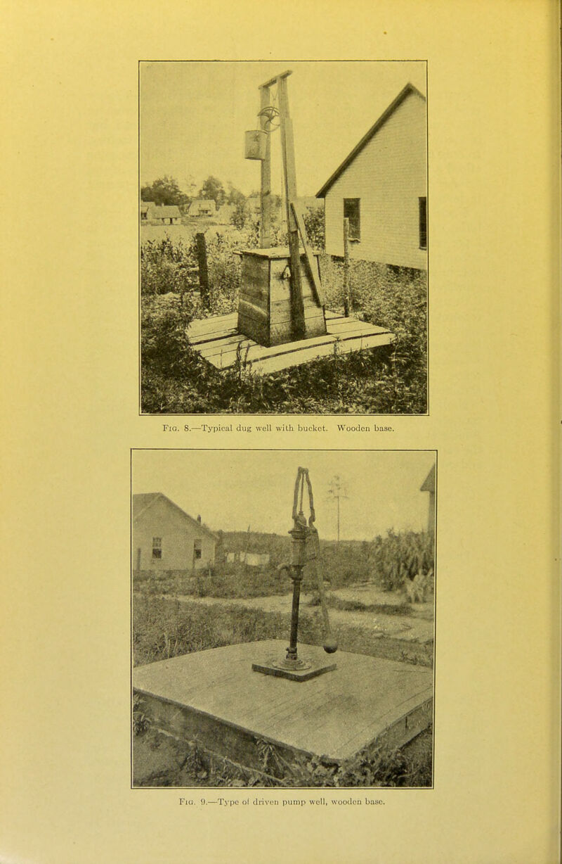 Fia. 8.—Typical dug well with bucket. Wooden base. Fki. 9.—Typo ol driven pump well, wooden base.