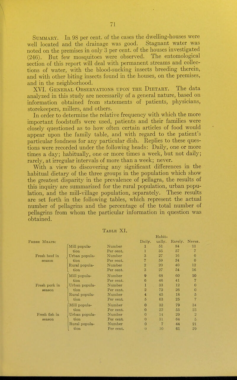Summary. In 98 per cent, of the cases the dweUing-houses were well located and the drainage was good. Stagnant water was noted on the premises in only 3 per cent, of the houses investigated (246). But few mosquitoes were observed. The entomological section of this report will deal with permanent streams and collec- tions of water, with the blood-sucking insects breeding therein, and with other biting insects found in the houses, on the premises, and in the neighborhood. XVI. General Observations upon the Dietary. The data analyzed in this study are necessarily of a general nature, based on information obtained from statements of patients, physicians, storekeepers, millers, and others. In order to determine the relative frequency with which the more important foodstuffs were used, patients and their families were closely questioned as to how often certain articles of food would appear upon the family table, and with regard to the patient's particular fondness for any particular dish. Rephes to these ques- tions were recorded under the following heads: Daily, one or more times a day; habitually, one or more times a week, but not daily; rarely, at irregular intervals of more than a week; never. With a view to discovering any significant differences in the habitual dietary of the three groups in the population which show the greatest disparity in the prevalence of pellagra, the results of this inquiry are summarized for the rural population, urban popu- lation, and the mill-village population, separately. These results are set forth in the following tables, which represent the actual number of pellagrins and the percentage of the total number of pellagrins from whom the particular information in question was obtained. Table XI. Habit- Fresb Meats: Daily. ually. Rarely. Never. Mill popula- Number 1 51 84 11 tion Per cent. 1 35 57 7 Fresh beef in Urban popula- Number 3 27 16 0 season tion Per cent. 7 59 34 0 Rural popula- Number 2 20 40 12 tion Per cent. 3 27 54 16 Mill popula- Number 9 68 60 10 tion Per cent. 6 46 41 7 Fresh pork in Urban popula- Number 1 33 12 0 season tion Per cent. 2 72 26 0 Rural popula- Number 4 46 18 5 tion Per cent. 5 63 25 7 Mill popula- Number 0 32 79 34 tion Per cent. 0 22 55 23 Fresh fish in ^ Urban popula- Number 0 U 29 2 season tion Per cent. 0 31 64 5 Rural popula- Number 0 7 44 21