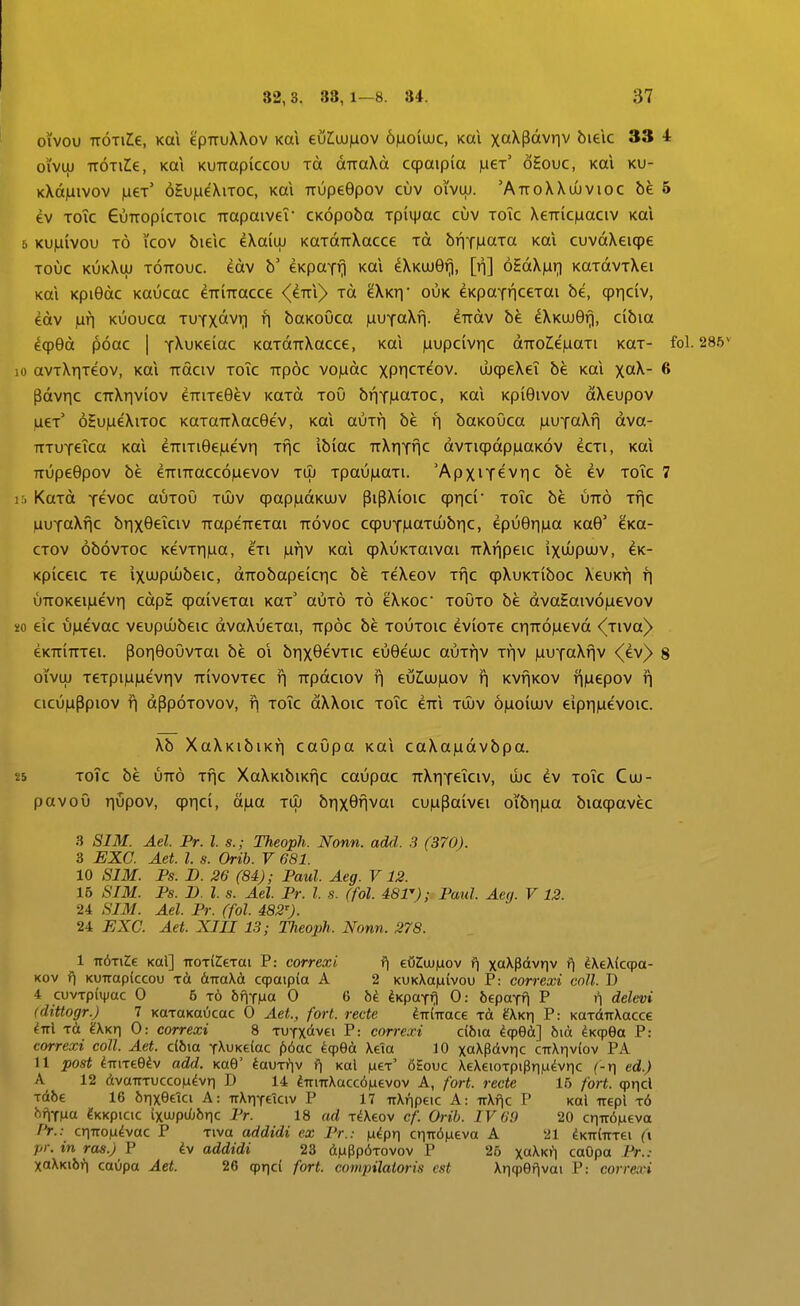 owou TTOTiZe, Kai ep-rruXXov Kai €uZ:uj)aov o^oiujc, koi xaXpdvnv biek 33 4 oiVLU TTOTiile, Kai KUKopiccou Tot oiTTaXd ccpaipia iuct' oHouc, Kai ku- KXd|uivov iuct' oHujueXiTOC, Kai iTupeBpov cuv oivuj. 'AttoXXuuvioc be5 ev Toic euTTopiCTOic TTapaive? CKopoba Tpiijjac cuv toic XeTTiciuaciv Kai 5 KU|Li(vou t6 i'cov bieic eXaiuj KaTdrrXacce tol briTnaTa Kai cuvdXeiqpe Touc kukXuj tottouc. edv b' eKpaYr) Kai ^XKiuBrj, [r]] 6HdX|Liri KttTdvTXei Kai KpiGdc Kaucac eTTiTracce (^iixV) to. eXKr)- ouk eKpaYnceTai be, (prjciv, edv |Liri Kuouca TUYXavr] fi baKoOca iuuYaXfj. eTrdv be dXKUjBrj, cibia ecp0d poac | YXuKeiac KaTOTTXacce, Kai |uupclvr|c dTTO^ejLiaTi KttT- fol. 286* io avTXriTeov, Kai Trdciv toTc TTp6c vo|udc xP1CTe'ov. uJcpeXeT be Kai xaX- 6 pdvric cttXtiviov eTriTeBev KaTd tou br|Y|LiaTOC, Kai KpiGivov dXeupov |ueT' 6Hu|ueXiT0C KOTaTTXacGev, Kai auTri be r\ baKOuca ^uYaXfi dva- TTTUYeTca Kai eTTiTiGejuevrj Tfic ibiac TrXriYfic dvTiqpdpiuaKov ecTi, Kai TTupeGpov be eTTiTTaccoiuevov tlu Tpau|aaTi. 'ApxiY^vric be ev toTc 7 15 KttTd Ycvoc auToO tujv cpapfudKUJV pipXioic cprici toTc be utto Tfic ^uYaXfic brixQeTciv TTapeTreTai ttovoc ccpuY|uaTU)bric, epu0rma Ka6' ^Ka- CTOV obovTOC KevTrma, eTi jufiv Kai cpXuKTaivai TTXfjpeic ixuupujv, ck- Kplceic Te ixujpuubeic, dTTobapeicric be TeXeov ttic cpXuKTiboc XeuKf] f] UTTOKeijuevri cdpH cpaiveTai k^t' auT6 t6 cXkoc toOto be dvaEaiv6|Lievov 5!0 eic ufuevac veupuubeic dvaXueTai, TTp6c be toutoic evioTe cr|TT6|uevd <(Tiva)> eKTTiTTTei. por|0oOvTai be oi brixQevTic euGeuuc amr\v ty]v lauYaXfjv <^ev^ 8 oiviu TeTpi|U|uevr|V ttivovtcc f\ Trpdciov r| euZ;uu|uov f| KvfiKOV fijuepov f| cicu|uppiov f| dppoTovov, fi ToTc dXXoic toTc eTri tuuv 6|uo(uuv eiprjM^voic. Xb XaXKibiKf) caOpa Kai caXa|udvbpa. 25 toTc be utt6 Tfjc XaXKibiKfjc caupac TrXriYeTciv, ujc ev toTc Cuu- pavoO riupov, cprici, djaa tlu brixQnvai cujupaivei oi'br||ua biacpavec 3 SIM. Ael. Pr. l. s.; Theoph. Nonn. add. .3 (370). 3 EXC. Aet. l. s. Orih. V 681. 10 SIM. Fs. D. 26 (84); Paul. Aeg. V 12. 16 SIM. Ps. I). l. s. Ael. Pr. l. s. (fol. 481); Paul. Aeq. V 12. 24 SIM. Ael. Pr. (fol. 482^). 24 EXC. Aet. XIII 13; Theoph. Nonn. 278. 1 TtixiZe Kal] iroTi^eTai P: correxi f\ eOZuuiuov f| xaXpdvriv f\ ^XeXfcqpa- Kov KUTrapiccou tci 6TTa\d cqpaipia A 2 KUKXa|a(vou P: correxi coll. D 4 cuvTpivac 0 6 t6 bf\ypia 0 & bi iKpaff^ 0: bepaYf) P f) delevi (dittogr.) 7 KOTaKaOcac 0 Aet., fort. recte iniTrace to ^Xkii P: KaTdirXacce ^ttI Td ^Xkii 0: correxi 8 TUYXdvei P: correxi db\a ^qped] 6id dK^Sa P: correxi coll. Aet. dbia YXuKeCac j^idac ^qped Xeta 10 xaXpdvric CTrXnviov PA 11 post ^TTiTee^v add. KaO' lauT^iv f\ Kal |ueT' 6Eouc XeXeioTpiPriiudvric (-r\ ed.) A 12 dvaiTTUCCoiadvri D 14 ^TrnrXaccdiuevov A, fort. recte 15 fort. qpr|cl Tdbe 16 6rixeeici A: TiXriYeTciv P 17 TiXfipeic A: irXrlc P Kal irepl t6 bf\f\ia eKKpicic ixu)pu(j6ric Pr. 18 ad TAeov cf Orih. IV 69 20 criTr6|aeva Pr.: ctiTTOiu^vac P Tiva addidi ex Pr.: fxipr] criTT^neva A 21 dKTrlTTTei (\ pr. in ras.) P dv addidi 23 dnPp6Tovov P 26 xaXKfi caOpa Pr.: xaXKibfi caOpa Aet. 26 cpricl fort. compilaioris est Xriqpef|vai P: correxi