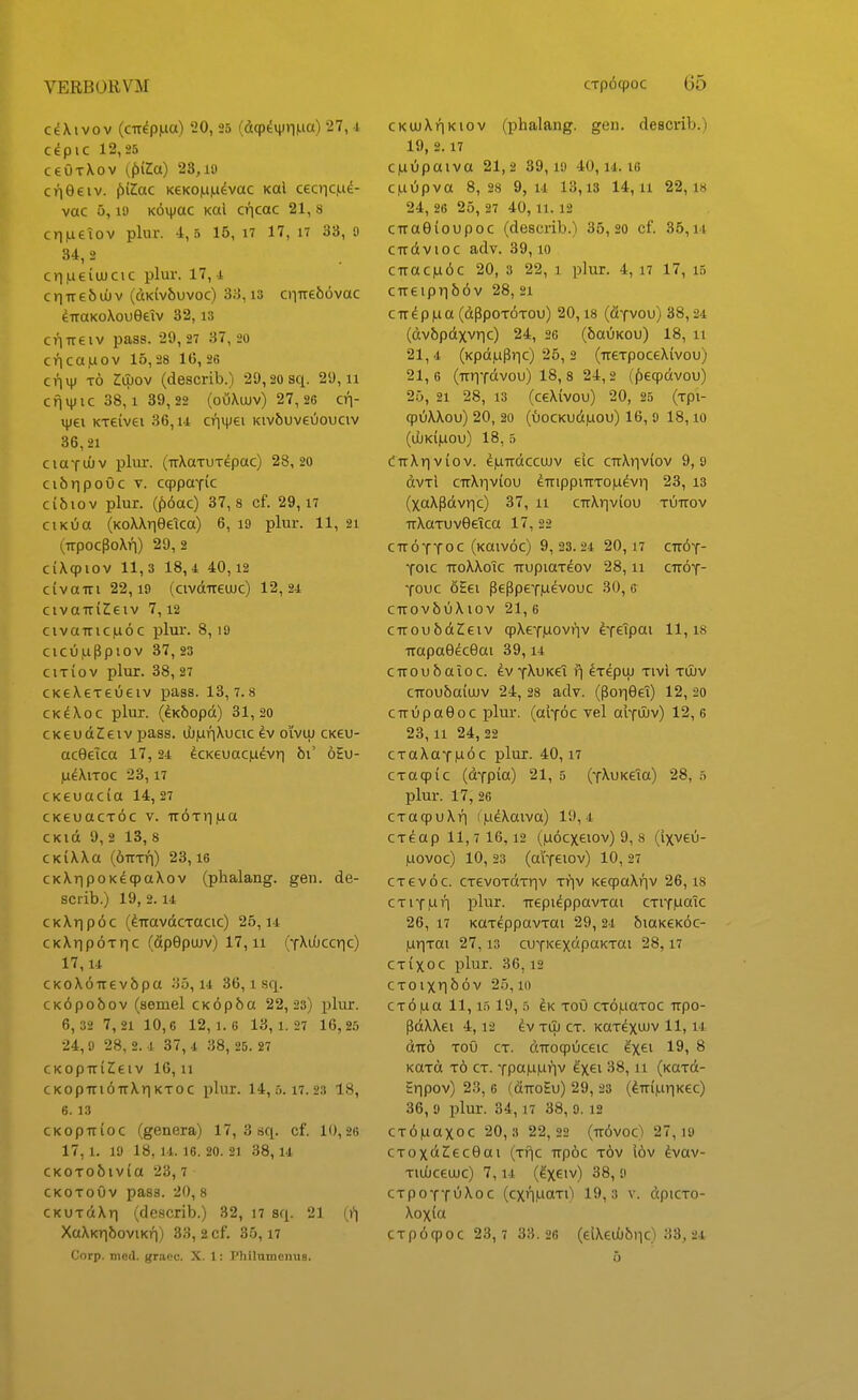 c^Xivov (cTT^piaa) 20, 25 (t((p^v(in|Lia) 27, i cepic 12,26 ceOxXov ijbiZa) 23,iy cri9eiv. ()Kac KeKO|a|iievac koI cecric|nd- vac 5,19 K^njac Kal cncac 21, 8 cni^eiov plur. •1,5 15, 17 17, i7 33,0 34,2 cri,u6iujcic plur. 17, i criTTebLUv (dKivbuvoc) 33,13 cniTebovac diraKoXoueeiv 32, i3 cr)TTeiv pass. 29,27 3 7,20 cr)ca.uov 15,28 IG, 26 crin) t6 Iujov (describ.) 29,20 sci. 29,11 cfiHfic 38,1 39,22 (ouXujv) 27, 26 cn- vjjei KTeivei 36, u crivpei Kivbuveuouciv 36,21 ciaYtAiv plur. (TrXaTUTepac) 28,20 cibripouc V. cqppaTic C1610V plur. (^)6ac) 37,8 cf. 29,17 ciKua (KoWrieeica) 6, 19 plur. 11, 21 (TrpocPoXri) 29, 2 ciXqpiov 11,3 18,4 40,12 civairi 22,19 (civdiTreuJc) 12,21: civaTTiZeiv 7,12 civaiTic|Li6c plur. 8, 19 cicu,uppiov 37, 23 ciTiov plur. 38, 27 cKeXeTcOeiv pass. 13,7.8 CKdXoc plur. (^K6opd) 31,20 CKeud^eiv pass. Uj|ariXucic Jv oivuj ck6u- aceeica 17,24 ^CKeuac|.i^vri bi oEu- lueXiTOC 23,17 CKCuacia 14, 27 cKeuacT6c v. ir^Triiua CKid 9, 2 13, 8 CKiXXa (6iTTn) 23,16 CKXripoKdtpaXov (phalang. gen. de- scrib.) 19, 2. u CKXr|p6c (^TTavdcTOCic) 25, u CKXrip6Tric (fipepujv) 17,11 (YXiuccric) 17, u CKoX6TTevbpa 35, u 36,1 sri. CK6pobov (semel CK6p6a 22, 23) plur. 6, 32 7, 21 10,6 12,1.8 13,1.27 16,25 24,9 28, 2. -1 37, i 38, 25. 27 CKopiTiJeiv 16,11 CK0pTri6TTXr|KT0C plur. 14,5.17.23 18, 6. 13 CKopiTioc (genera) 17, 3 sci. cf. 10,26 17, 1. 19 18, U. 16. 20. 21 38, U CKOTo6iv{a 23,7 CKOToOv pasa. 20, 8 CKUTdXri (describ.) 32, 17 sfi. 21 (t*) XaXKr|5oviKri) 33, 2cf. 35,17 Corp. Died. gracc. X. 1: Philumenus. CKUiXriKiov (phalang. geii. describ.) 19, 2. 17 C|uupaiva 21,2 39,19 40, u. 16 C|.iOpva 8 , 28 9,11 13,13 14, u 22, i» 24, 26 2 5, 27 40, 11.12 CTTaOioupoc (describ.) 35, 20 cf. 35,u CTTdvioc adv. 39, lo ciTac|u6c 20, 3 22, i plur. 4, 17 17, 15 CTTeipTi66v 28,21 c TT d p |u a (dppoT^TOu) 20,18 (fiYvou) 38,24 (dvbpdxvT^c) 24, 26 (baOKOu) 18, 11 21,.1 (Kpd|u3ric) 25,2 (TieTpoceXivou) 21,6 (TTTiYdvou) 18,8 24,2 (ibeqpdvou) 25, 21 28, 13 (ceXivou) 20, 25 (Tpi- qpOXXou) 20, 20 (\L)OCKud|uou) 16, 9 18,10 (djKiiuou) 18, 5 cttXtiviov. eiaTTdccujv eic ciTXriviov 9,9 dvTl cttXtiviou ^TTippiTTTOiudvr-i 23, 13 (xaXpdvric) 37, 11 cttXiiviou tOttov TrXaTuveetca 17, 22 cttoyyoc (koivOc) 9, 23.24 20, 17 ctt6y- YOic TToXXoic TTupiaTeov 28,11 ctt6y- Youc oEei PePpeYliievouc 30, 6 CTTOV&OX lOV 21, 6 CTTOubd^eiv qpXeYluovtiv tfeipai 11,18 TTapaGeceai 39, u CTTOubaioc. evYXuKei r| eTepu) Tivi tujv CTTOubaiuJV 24, 28 adv. (porieei) 12, 20 cirOpaeoc plur. (aiY^c vel aiYujv) 12, 6 23,11 24, 22 CTaXaY|u6c plur. 40,17 CTacpic (dYpia) 21, 5 (YXuKeia) 28, 5 plur. 17, 26 CTaqpuXri (laeXaiva) 19,4 CTcap 11,7 16,12 (|u6cxeiov) 9, 8 (ixveO- |.iovoc) 10,23 (aiYeiov) 10, 27 CTevoc. crevoTdTTiv ti?iv KecpaXriv 26, is CTiYluri plur. TTepidppavTai CTiY|uaic 26, 17 KttT^ppavTai 29, 24 6iaKeK6c- ,ur|Tai 27,13 cuYKexdpaKTai 28,17 CTixoc plur. 36,12 CTOiXTl66v 25,10 CT6|ua 11,15 19, 5 Ik toO CT6f.iaToc irpo- pdXXei 4,12 ^v Tili CT. Karix^^ H. 1* dTTO ToO CT. dTToqpOceic ^%(.\. 19, 8 KaTd t6 ct. YpaiuiLii^v 4'xei 38,11 (KaTd- Eripov) 23, 6 (dTToEu) 29,23 (dTT{,uiiKec) 36, 9 plur. 34,17 38, 9.12 CT6|.iaxoc 20,3 22, 22 (tt6voc) 27, 19 CTOxdSeceai (Tfic TTp6c tov I6v dvav- Tiu)ceu)c) 7,14 (^XEiv) 38, 9 CTpoYY^Xoc (cxiUiaTi) 19,3 v. dpiCTO- Xoxia CTp6qpoc 23 , 7 3 3 . 26 (elXeutjbiic) 33,24 6