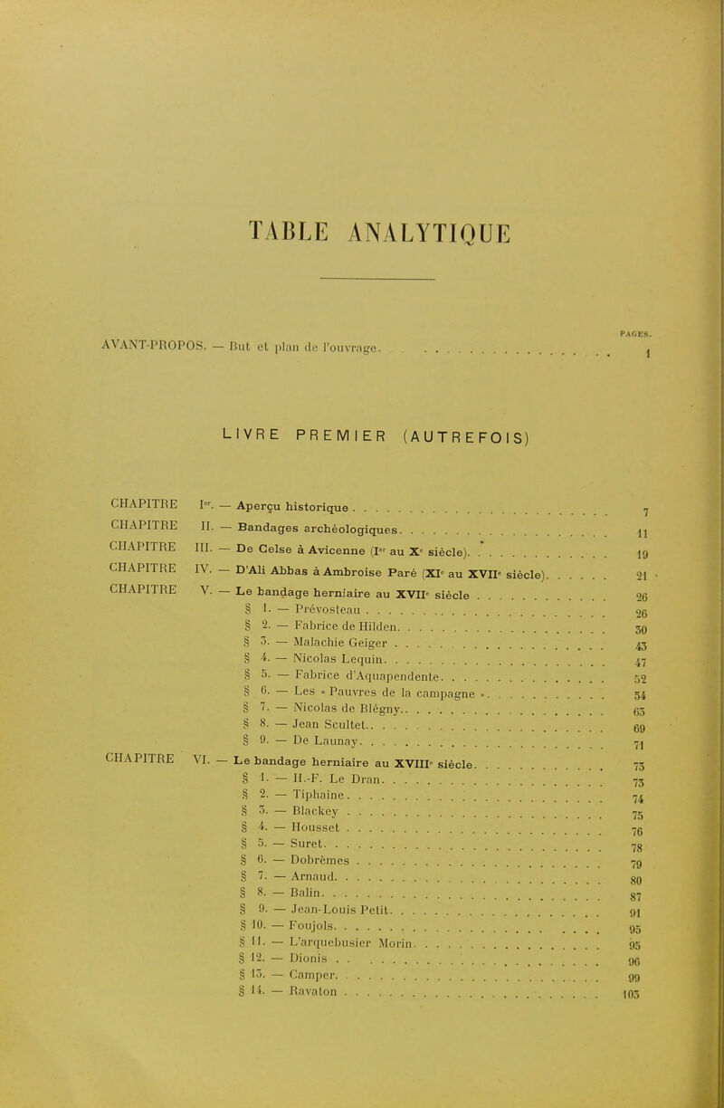 TABLE ANALYTIQUE PAGES. AVANT-PROPOS. - Rut et i)lan dn l'oLivi-ngc. ^ LIVRE PREMIER (AUTREFOIS) CHAPITRE I. — Aperçu historique , CHAPITRE II. — Bandages archéologiques 41 CHAPITRE III. — De Celse à Avicenne (I au X« siècle). .* 19 CHAPITRE IV. — D'Ali Abbas à Ambroise Paré (XP au XVIP siècle) 21 • CHAPITRE V. — Le bandage herniaire au XVII- siècle 26 § 1. — Prévosleau 26 § 2. — Fabrice de Hilden 30 § 3. — Malachie Geiger 43 § 4. — Nicolas Lequin 47 § 3. — Fabrice d'Aquapendenle 52 8 0. — Les « Pauvres de la campagne 54 § 7. — Nicolas de Blégny 63 § 8. — Jean Scultet 69 § 0. — De Launay CHAPITRE VI. — Le bandage herniaire au XVIII siècle 73 § I. - H.-F. Le Dran  73 § 2. — Tiphaine 74 § 5. — Blackey 75 § 4. — Housset 76 § S. — Suret 7g § 6. — Dobrèmes 7g § 7. — Arnaud 80 § 8. — Balin g7 § 9. —Jean-Louis Petit 91 § 10. — Foujols 95 § il- — L'arquebusier Morin 95 § 12. — Dionis . . 96 § 15. — Camper _ gg § 14. — Ravaton 103