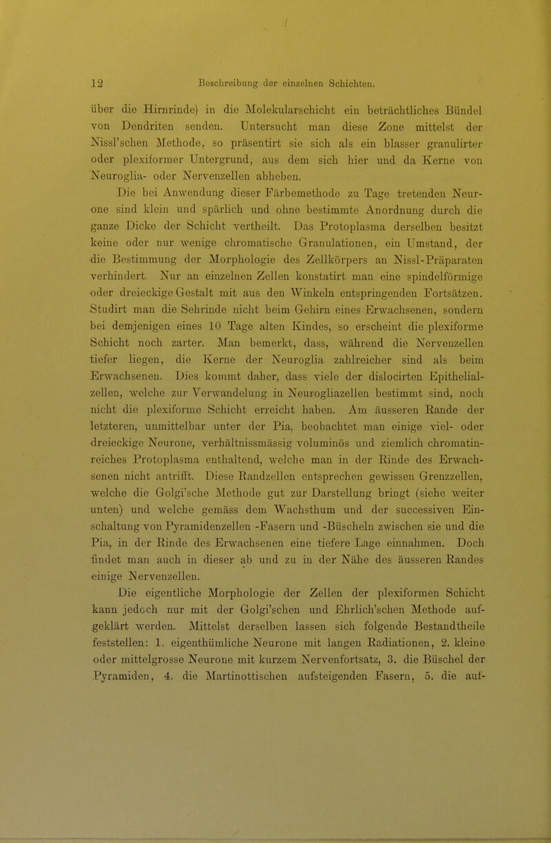 über die Hirnrinde) in die Molekularschiclit ein beträchtliches Bündel von Dendriten senden. Untersucht man diese Zone mittelst der Nissl'schen Methode, so präsentirt sie sich als ein blasser granulirter oder plexiformer Untergrund, aus dem sich hier und da Kerne von Neuroglia- oder Nervenzellen abheben. Die bei Anwendung dieser Färbemethode zu Tage tretenden Neur- one sind klein und spärlich und ohne bestimmte Anordnung durch die ganze Dicke der Schicht vertheilt. Das Protoplasma derselben besitzt keine oder nur wenige chromatische Granulationen, ein Umstand, der die Bestimmung der Morphologie des Zellkörpers an Nissl-Präparaten verhindert, Nur an einzelnen Zellen konstatirt man eine spindelförmige oder dreieckige Gestalt mit aus den Winkeln entspringenden Fortsätzen. Studirt man die Sehrinde nicht beim Gehirn eines Erwachsenen, sondern bei demjenigen eines 10 Tage alten Kindes, so erscheint die plexiforme Schicht noch zarter. Man bemerkt, dass, während die Nervenzellen tiefer liegen, die Kerne der Neuroglia zahlreicher sind als beim Erwachsenen. Dies kommt daher, dass viele der dislociiien EpitheUal- zellen, welche zur Verwandelung in Neurogliazellen bestimmt sind, noch nicht die plexiforme Schicht erreicht haben. Am äusseren Eande der letzteren, immittelbar unter der Pia, beobachtet man einige viel- oder dreieckige Neurone, verhältnissmässig voluminös und ziemlich chromatin- reiches Protoplasma enthaltend, welche man in der Rinde des Erwach- senen nicht antrifft. Diese ßandzellen entsprechen gewissen Grenzzellen, welche die Golgi'sche Methode gut zur Darstellung bringt (siehe weiter unten) und welche gemäss dem Wachsthum und der successiven Ein- schaltung von Pyramidenzellen -Fasern und -Büscheln zwischen sie und die Pia, in der Binde des Erwachsenen eine tiefere Lage einnahmen. Doch findet man auch in dieser ab und zu in der Nähe des äusseren Randes einige Nervenzellen. Die eigentliche Morphologie der Zellen der plexiformen Schicht kann jedoch nur mit der Golgi'schen und Ehrlich'schen Methode auf- geklärt werden. Mittelst derselbeu lassen sich folgende Bestandtheile feststellen: 1. eigenthümliche Neurone mit langen Radiationen, 2. kleine oder mittelgrosse Neurone mit kurzem Nervenfortsatz, 3. die Büschel der Pyramiden, 4. die Martinottischen aufsteigenden Fasern, 5. die auf-