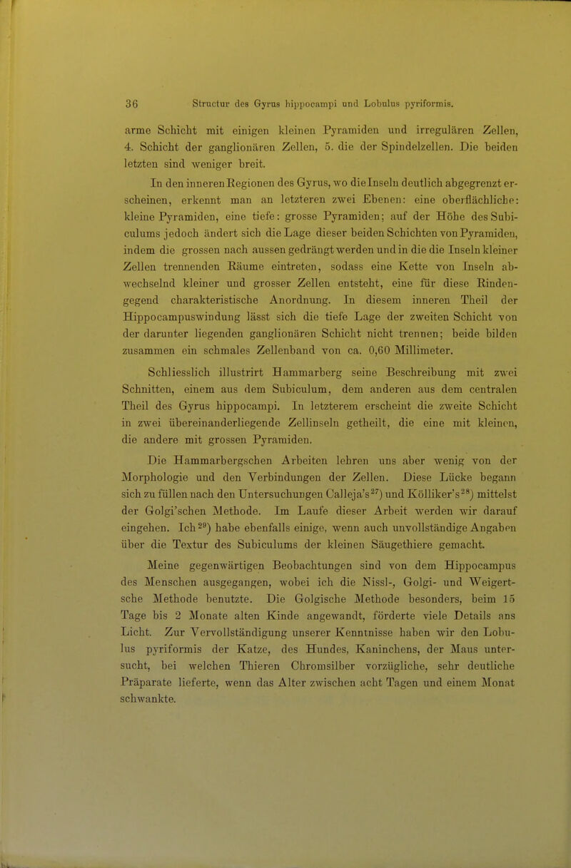 arme Schicht mit einigen kleinen Pyramiden und irregulären Zellen, 4. Schicht der ganglionären Zellen, 5. die der Spindelzellen. Die beiden letzten sind weniger breit. In den innerenEegionen des Gyrus, wo dielnselu deutlich abgegrenzt er- scheinen, erkennt man an letzteren zwei Ebenen: eine oberflächliche: kleine Pyramiden, eine tiefe: grosse Pyramiden; auf der Höhe desSubi- culums jedoch ändert sich die Lage dieser beiden Schichten von Pyramiden, indem die grossen nach aussen gedrängt werden und in die die Inseln kleiner Zellen trennenden Räume eintreten, sodass eine Kette von Inseln ab- wechselnd kleiner und grosser Zellen entsteht, eine für diese Rinden- gegend charakteristische Anordnung. In diesem inneren Theil der Hippocampuswindung lässt sich die tiefe Lage der zweiten Schicht von der darunter liegenden ganglionären Schicht nicht trennen; beide bilden zusammen ein schmales Zellenband von ca. 0,60 Millimeter. Schliesslich illustrirt Hammarberg seine Beschreibung mit zwei Schnitten, einem aus dem Subiculum, dem anderen aus dem centralen Theil des Gyrus hippocampi. In letzterem erscheint die zweite Schicht in zwei übereinanderliegende Zellinseln getheilt, die eine mit kleinen, die andere mit grossen Pyramiden. Die Hammarbergschen Arbeiten lehren uns aber wenig von der Morphologie und den Verbindungen der Zellen. Diese Lücke begann sich zu füllen nach den Untersuchungen Calleja's^'') und Kölliker's^^) mittelst der Golgi'schen Methode. Im Laufe dieser Arbeit werden wir darauf eingehen. Ich habe ebenfalls einige, wenn auch unvollständige Angaben über die Textur des Subiculums der kleinen Säugethiere gemacht. Meine gegenwärtigen Beobachtungen sind von dem Hippocampus des Menschen ausgegangen, wobei ich die Nissl-, Golgi- und Weigert- sche Methode benutzte. Die Golgische Methode besonders, beim 15 Tage bis 2 Monate alten Kinde angewandt, förderte viele Details ans Licht. Zur Vervollständigung unserer Kenntnisse haben wir den Lobu- lus pyriformis der Katze, des Hundes, Kaninchens, der Maus unter- sucht, bei welchen Thieren Chromsilber vorzügliche, sehr deutliche Präparate lieferte, wenn das Alter zwischen acht Tagen und einem Monat schwankte.